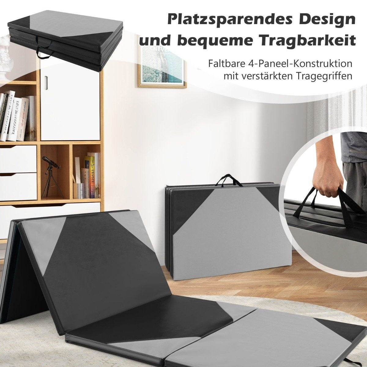 Foldable training mat made of faux leather with Velcro fasteners & Carrying handles 300 x 117 x 5 cm-gray