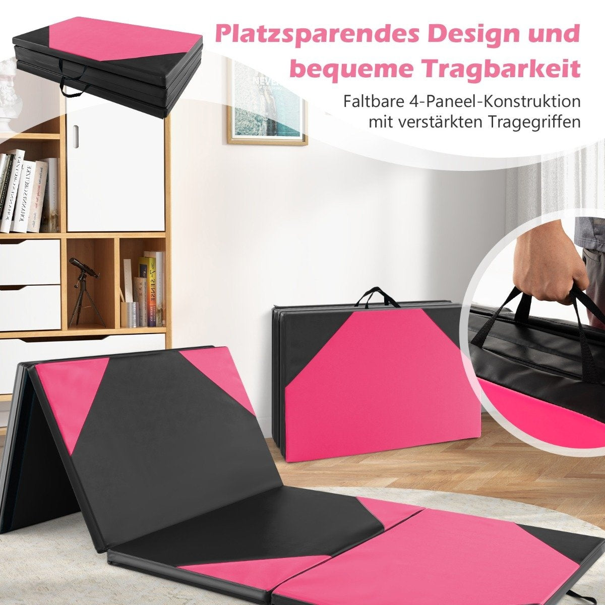 Foldable training mat made of faux leather with Velcro fasteners & Carrying handles 300 x 117 x 5 cm pink
