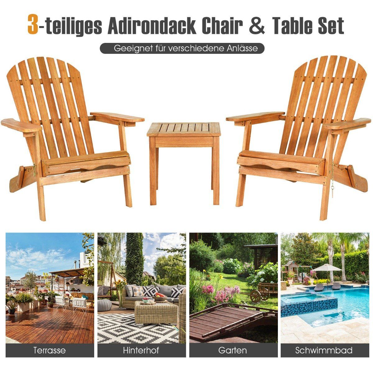 Folding Adirondack Chairs Set with Table, Eucalyptus Wood
