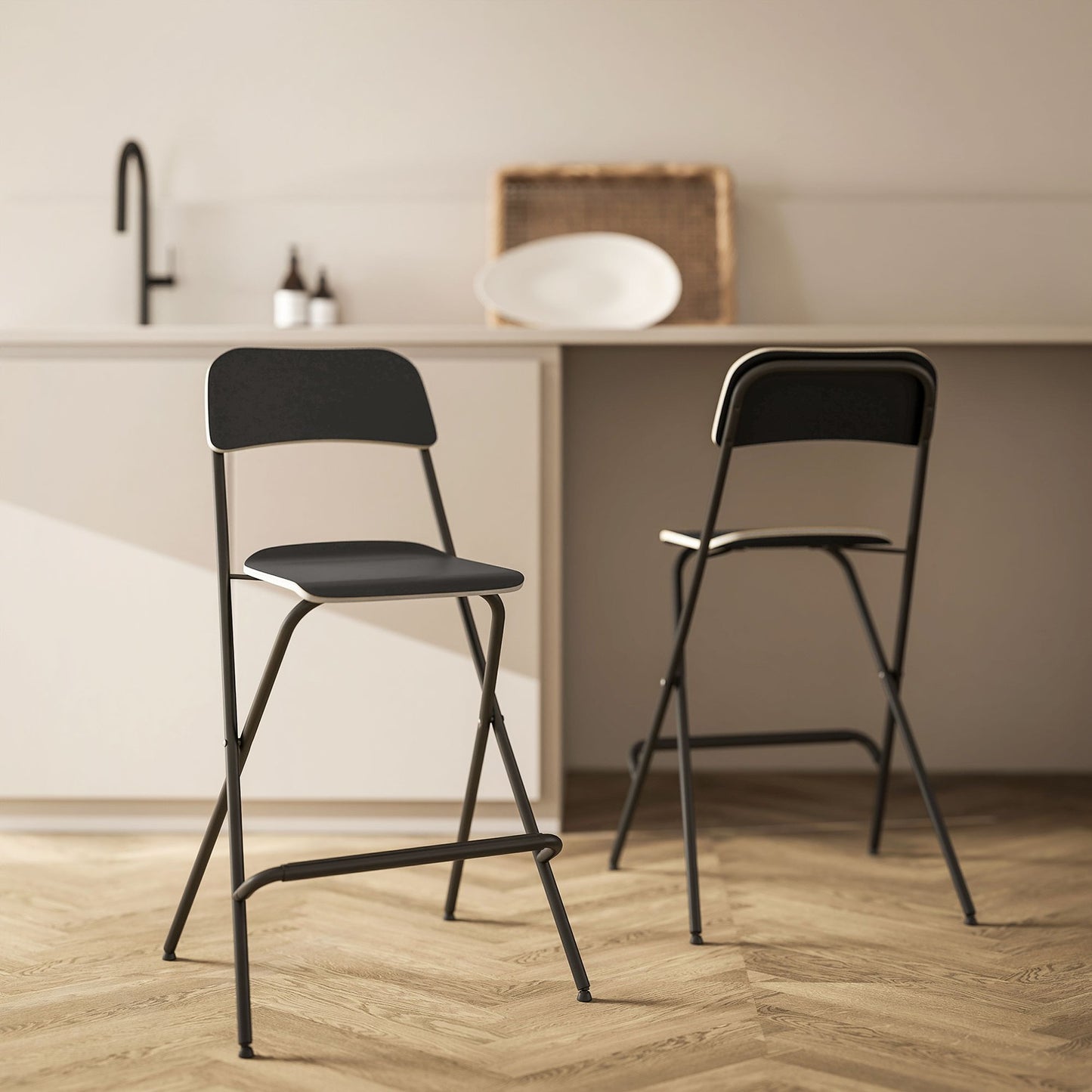 Folding Bar Stools Set of 2, Black Steel Frame, 120kg Capacity