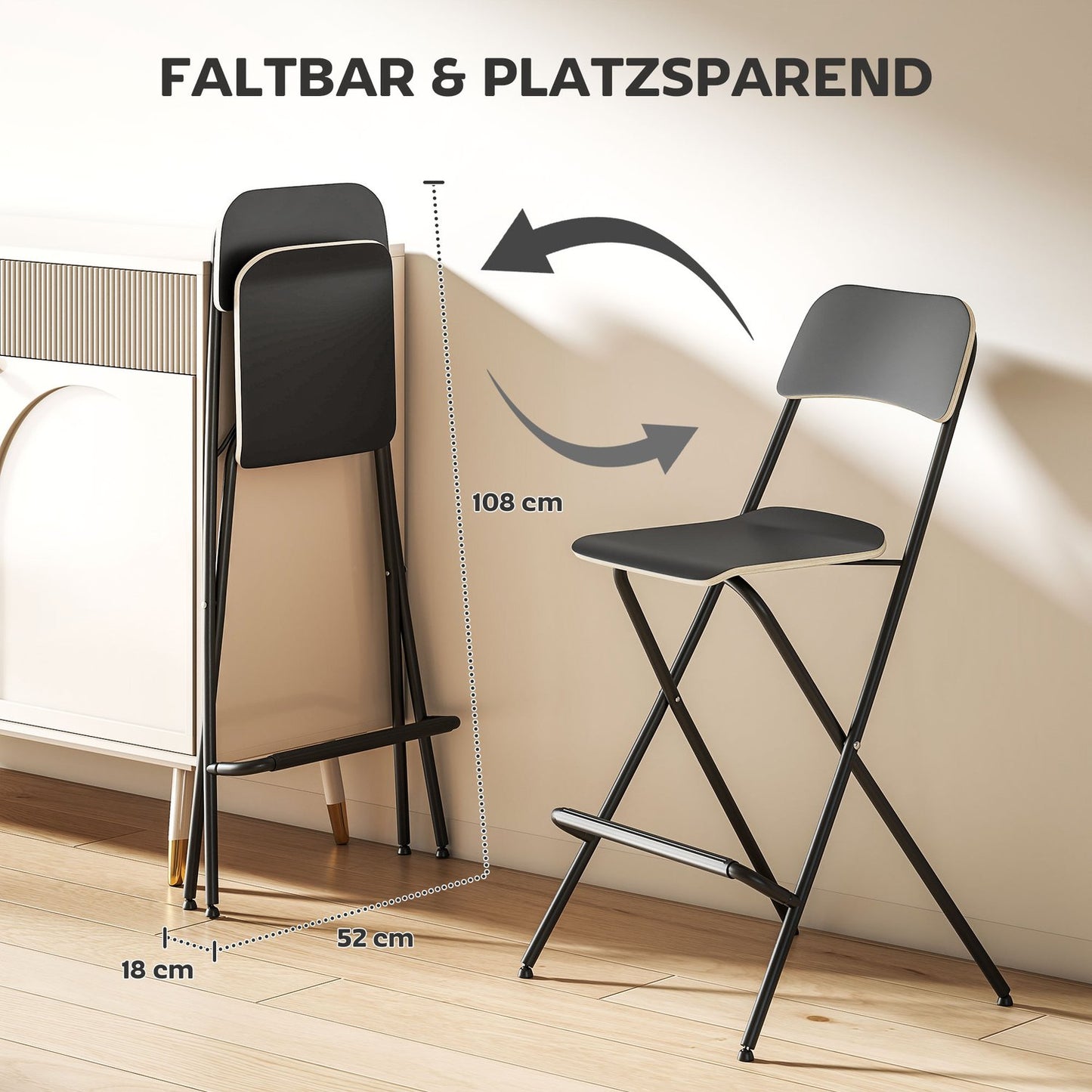 Folding Bar Stools Set of 2, Black Steel Frame, 120kg Capacity
