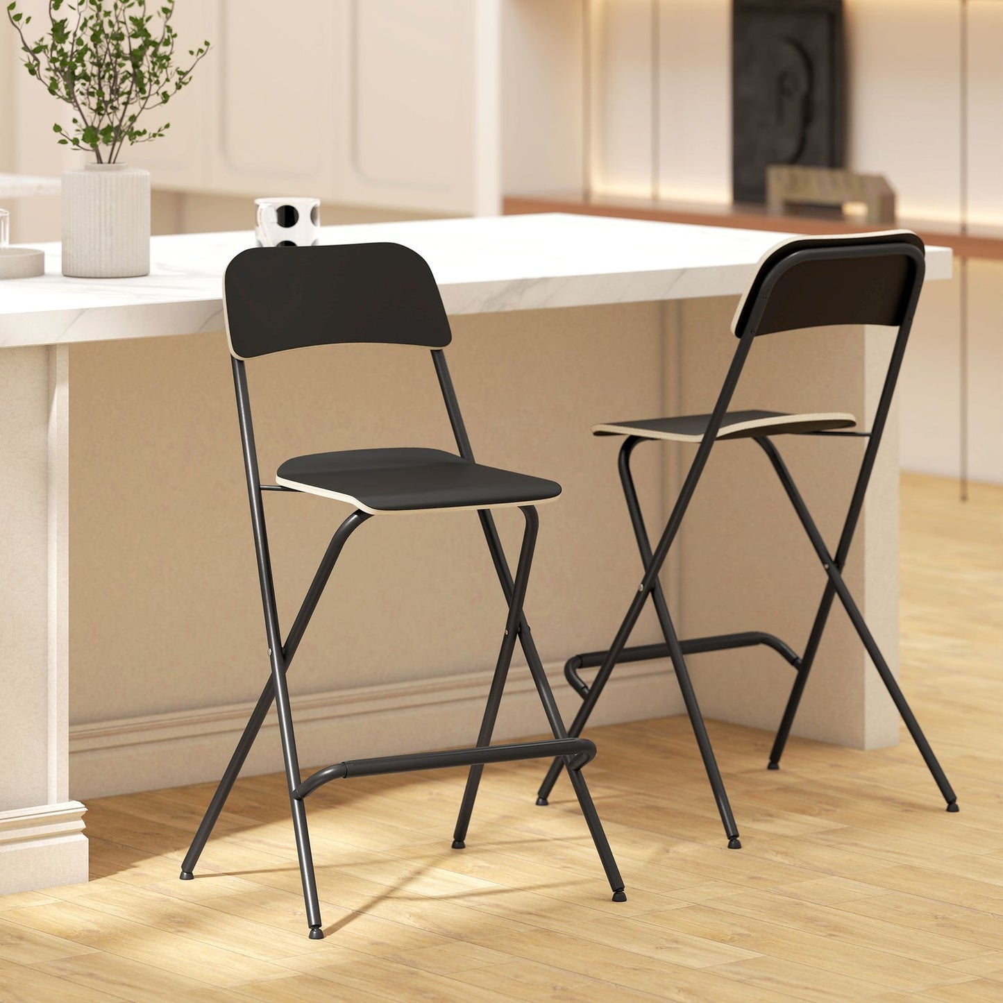 Folding Bar Stools Set of 2, Black Steel Frame, 120kg Capacity