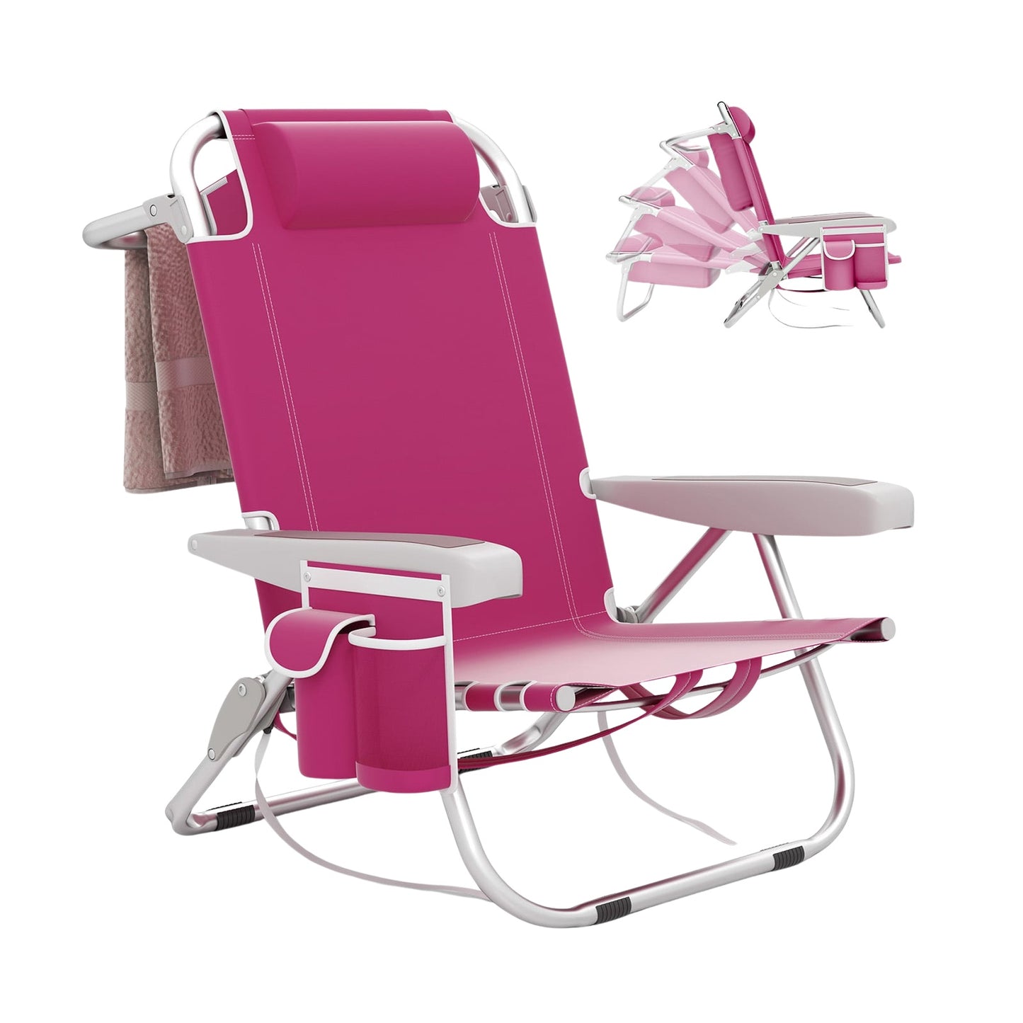 Folding Beach Chair with Adjustable Backrest & Pockets