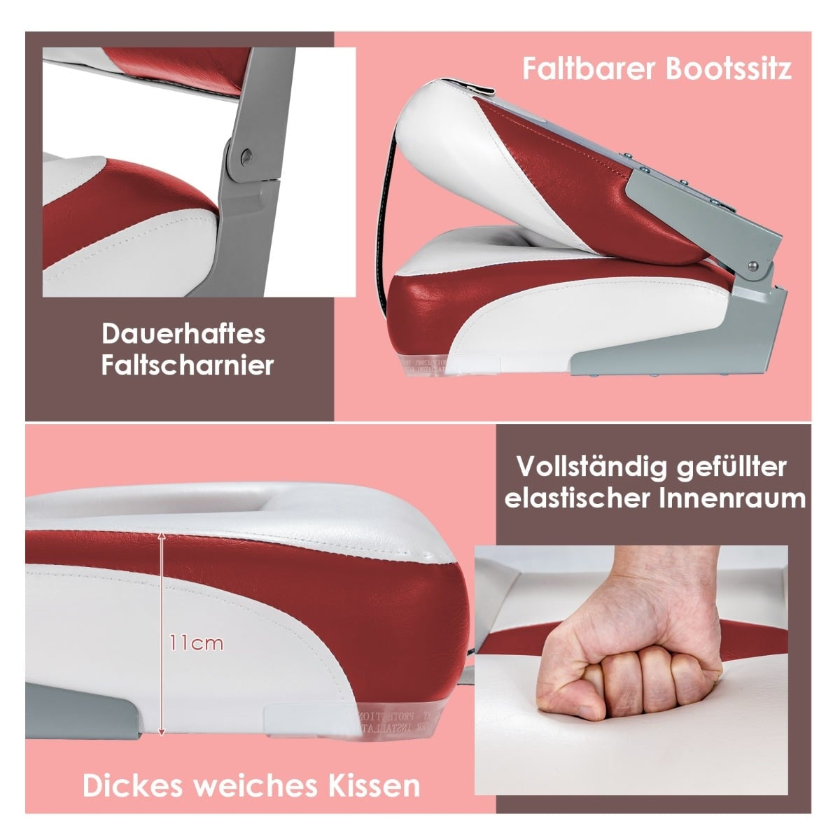 Folding Boat Seats, 2-Pack, Red/White, 110kg Capacity