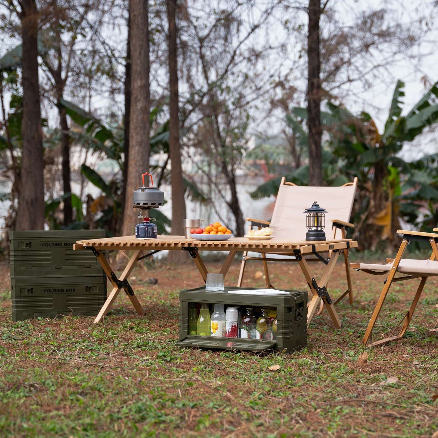 Folding Camping Box with Lid, Green, 50L Capacity