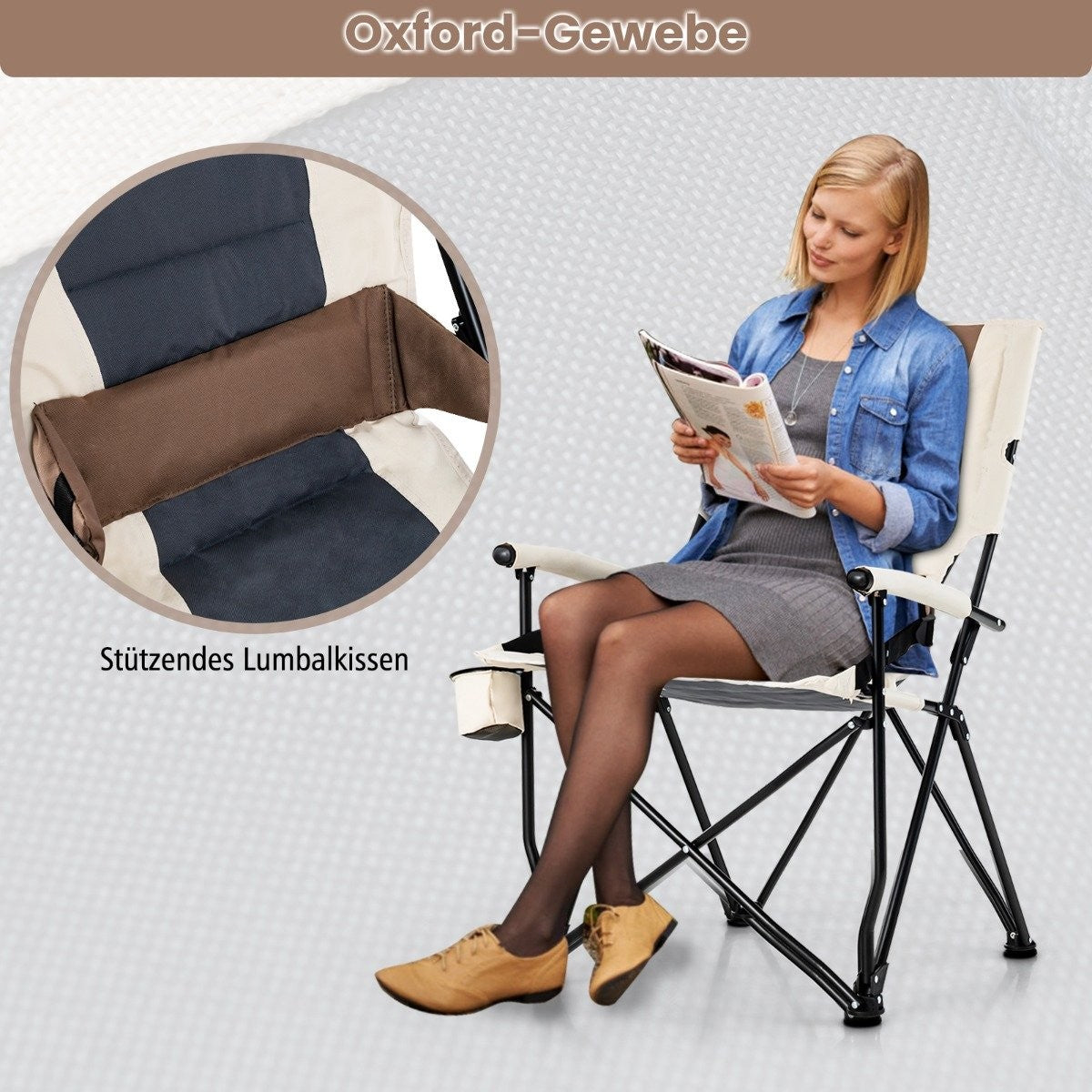 Folding Camping Chair with Cup Holder, 63x72x102 cm, Brown/White