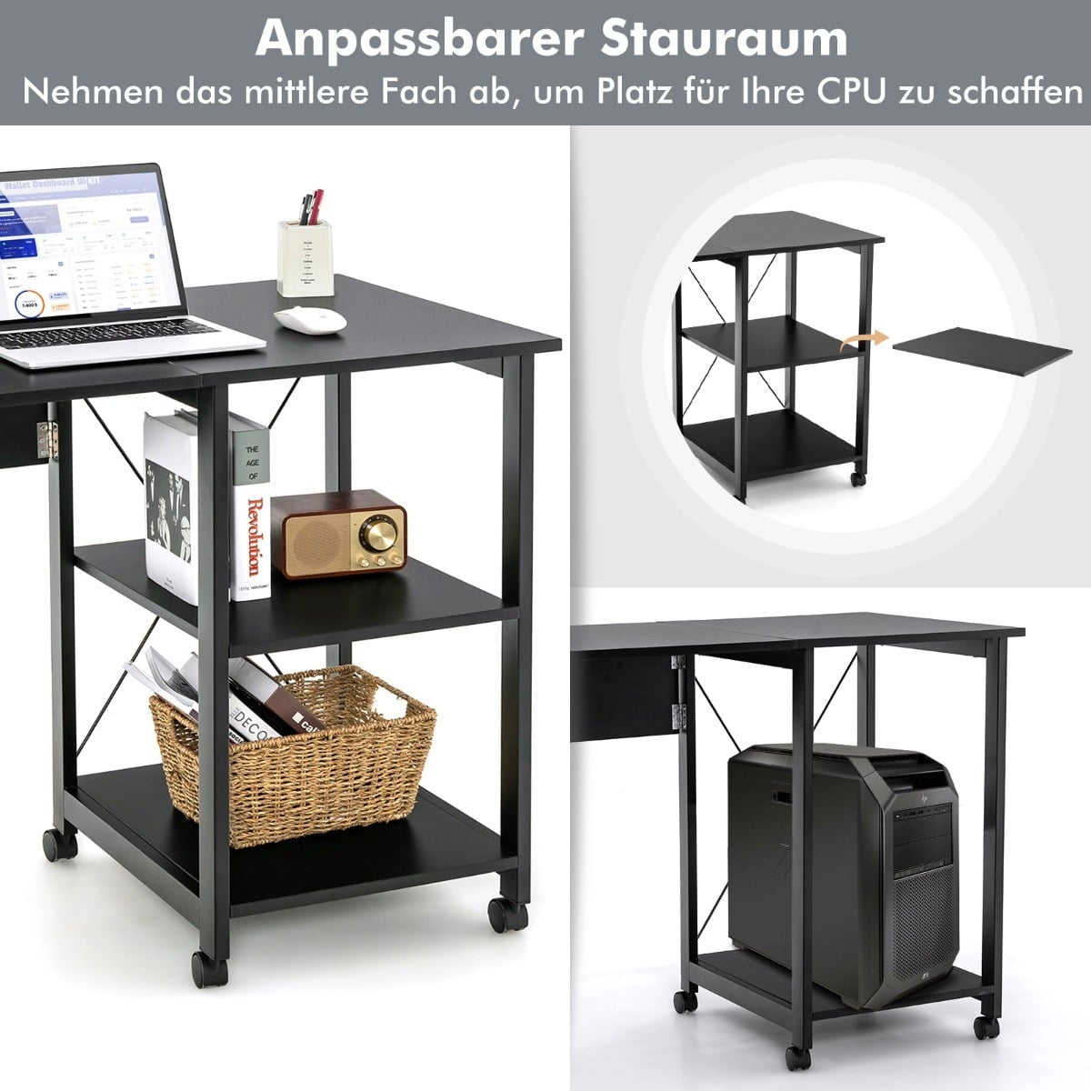 Folding Computer Desk with Shelves & Wheels, Black