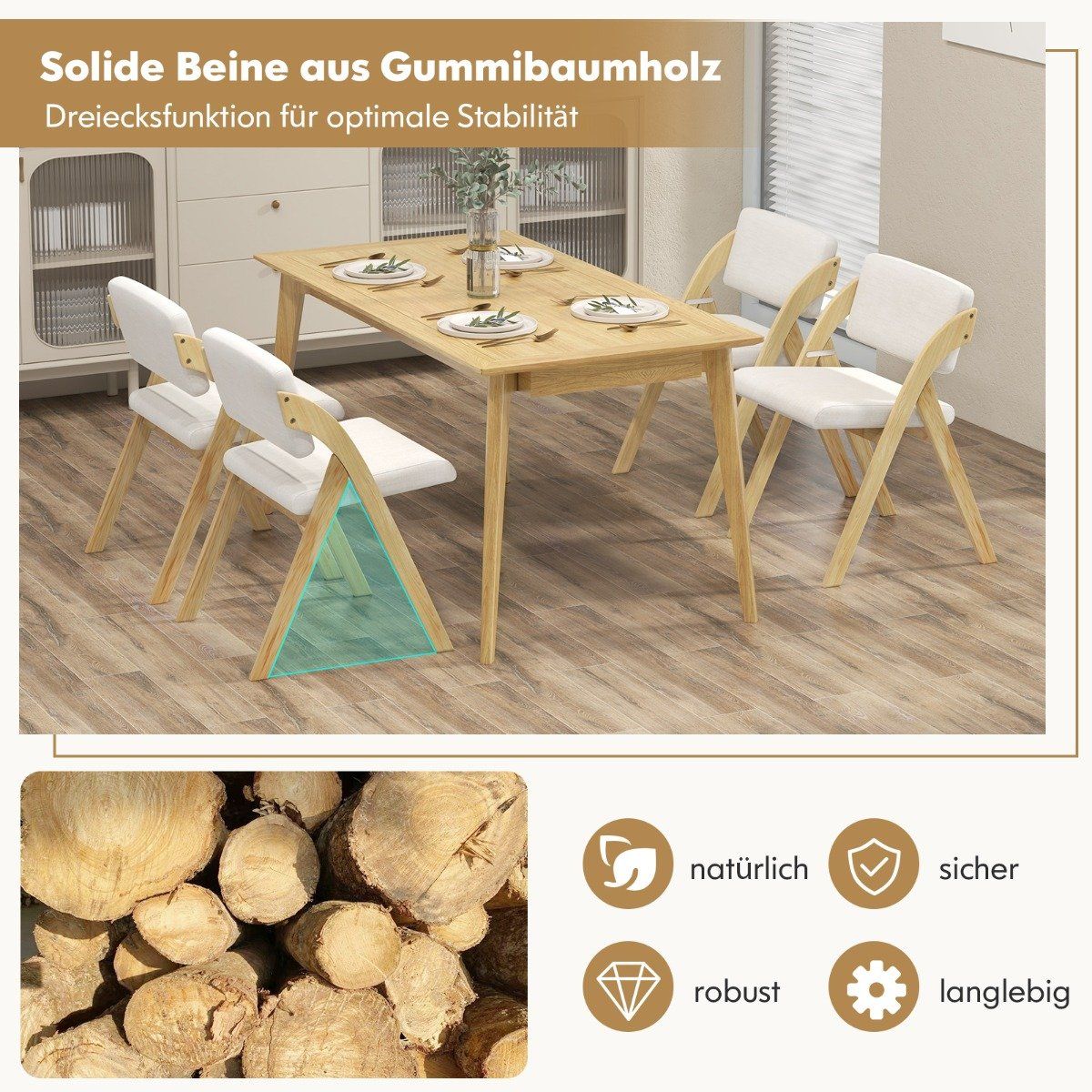 Folding Dining Chairs Set, Rubberwood Legs, Padded Seats