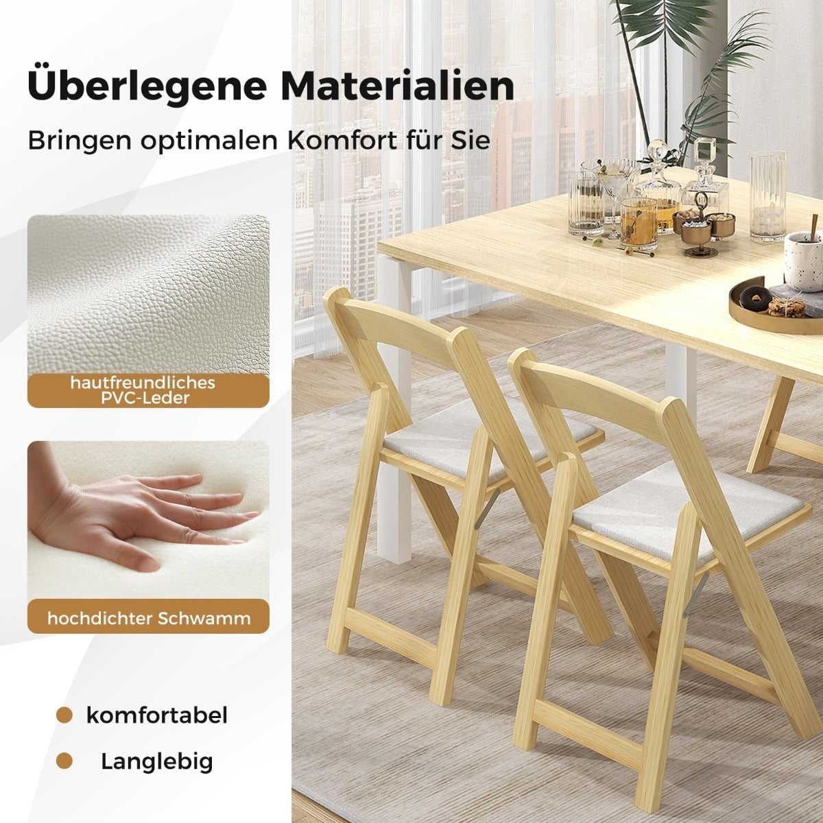 Folding Dining Chairs Set of 2, Padded Seat, Rubberwood