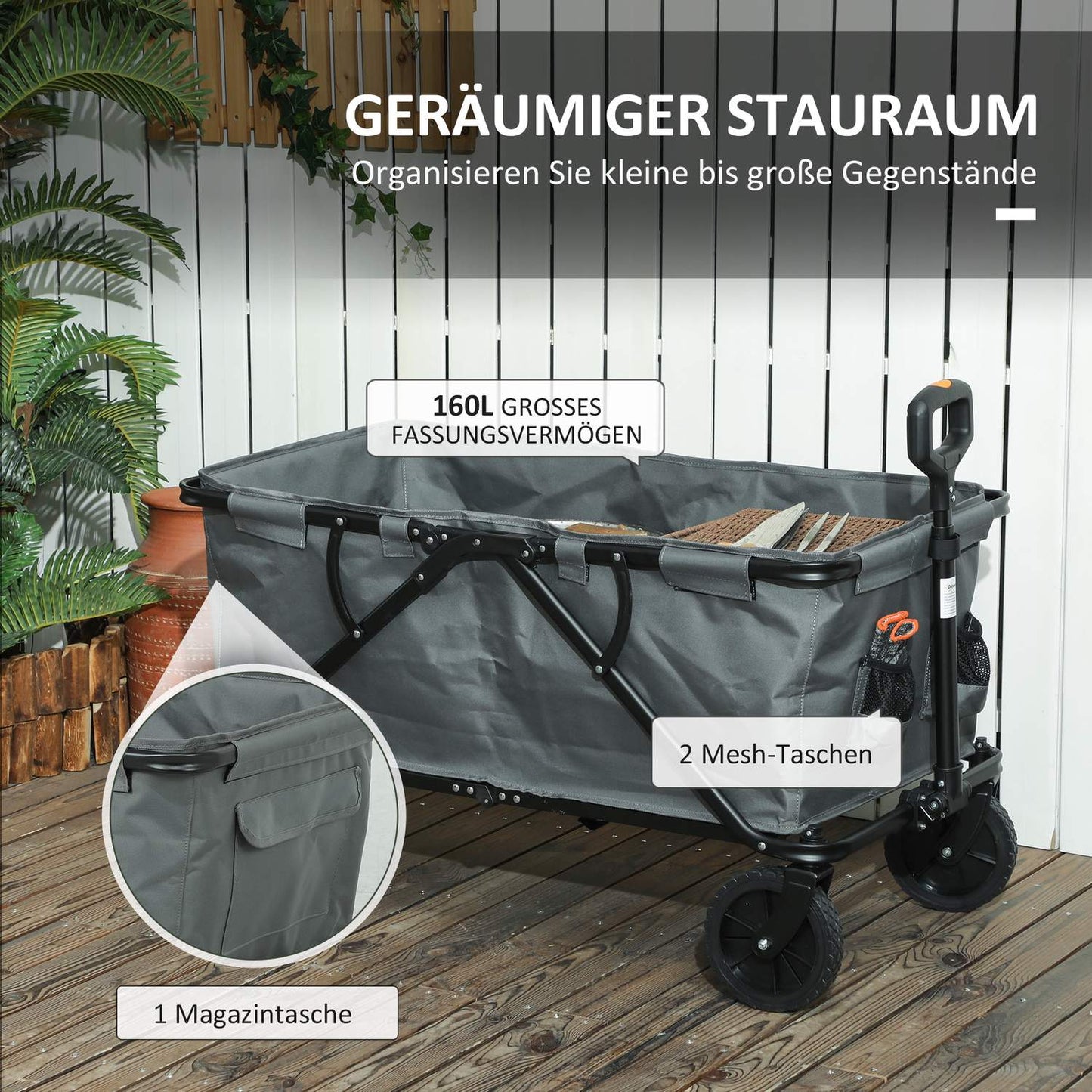 Folding Garden Cart, 160L Capacity, 120kg Load, Dark Grey