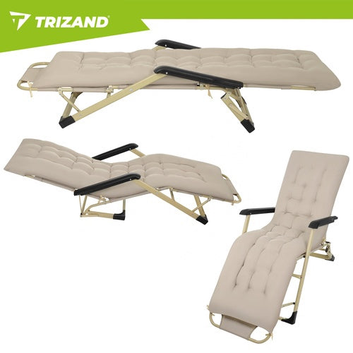 Folding Garden Lounger with Cushion, 3-Position, Beige