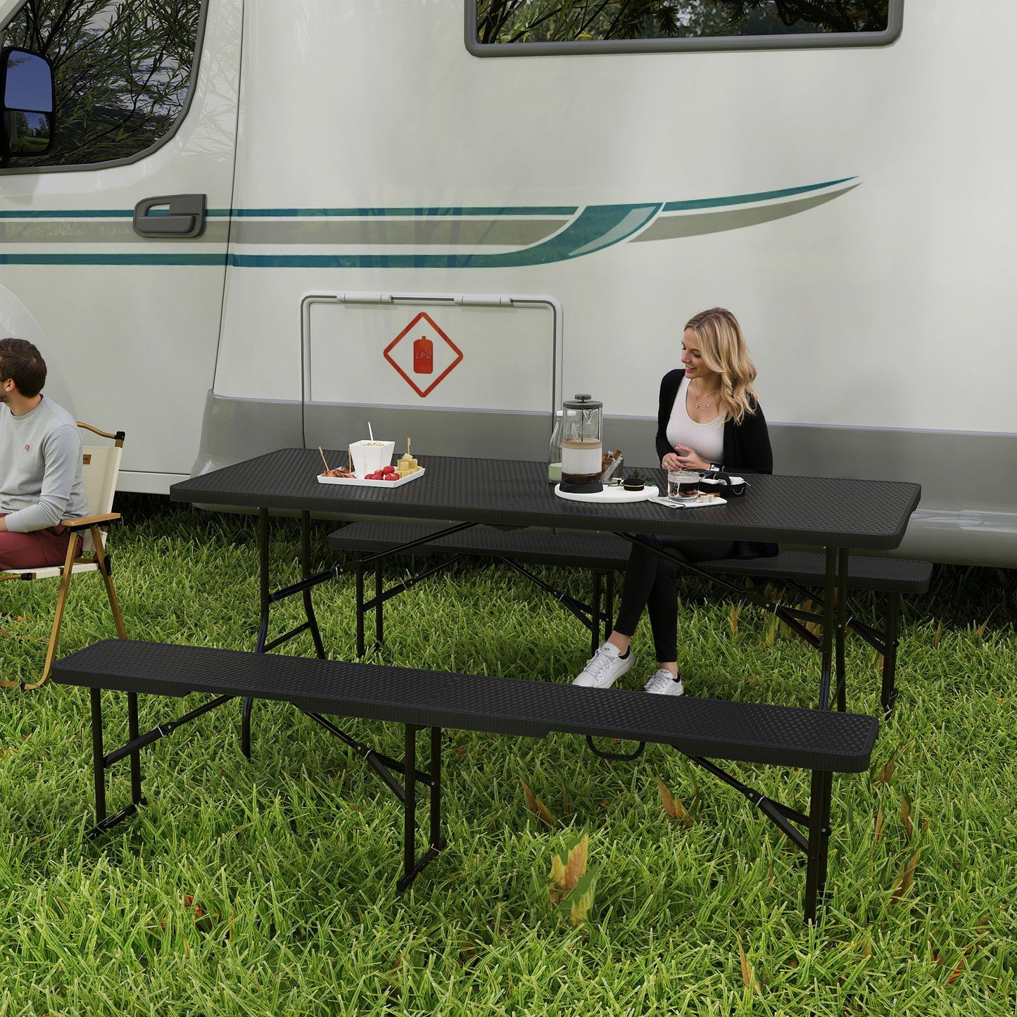 Folding Picnic Table Set, 3-Piece, Black, HDPE & Metal