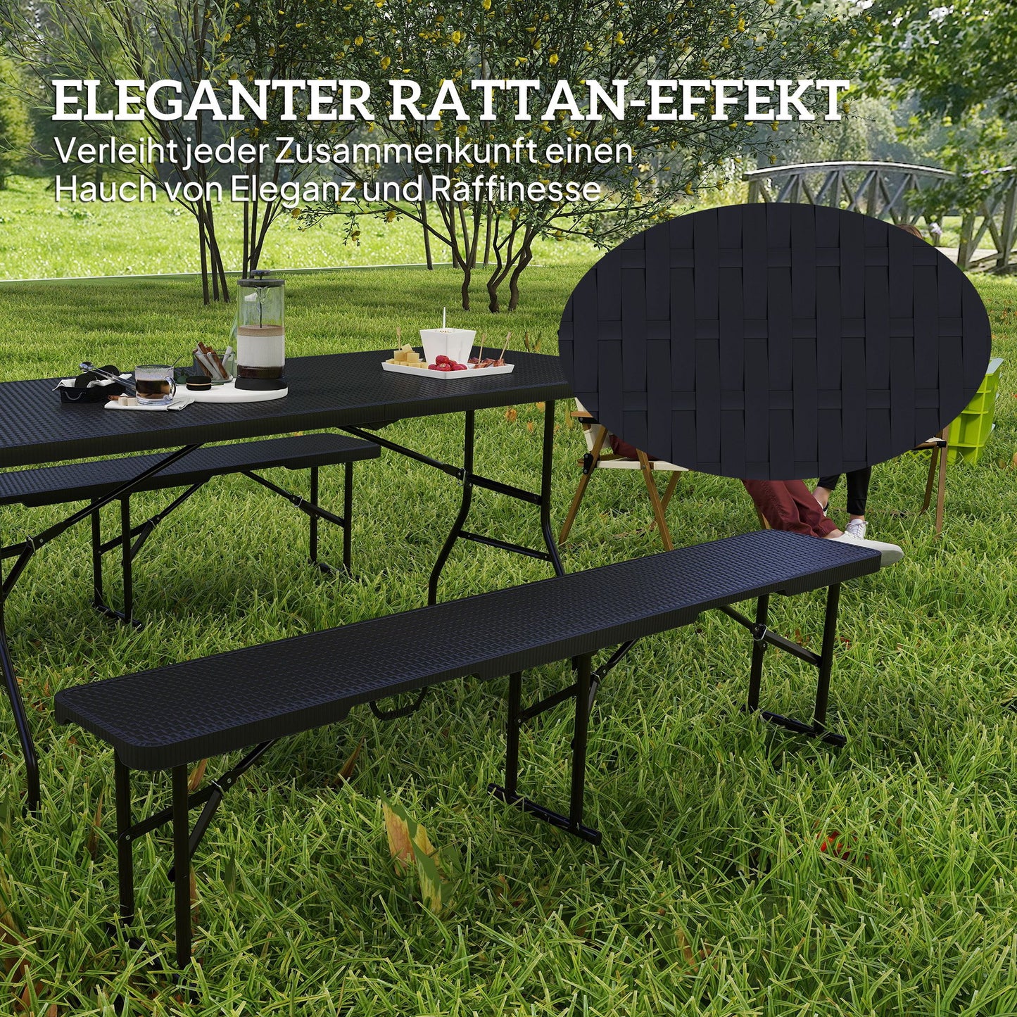 Folding Picnic Table Set, 3-Piece, Black, HDPE & Metal