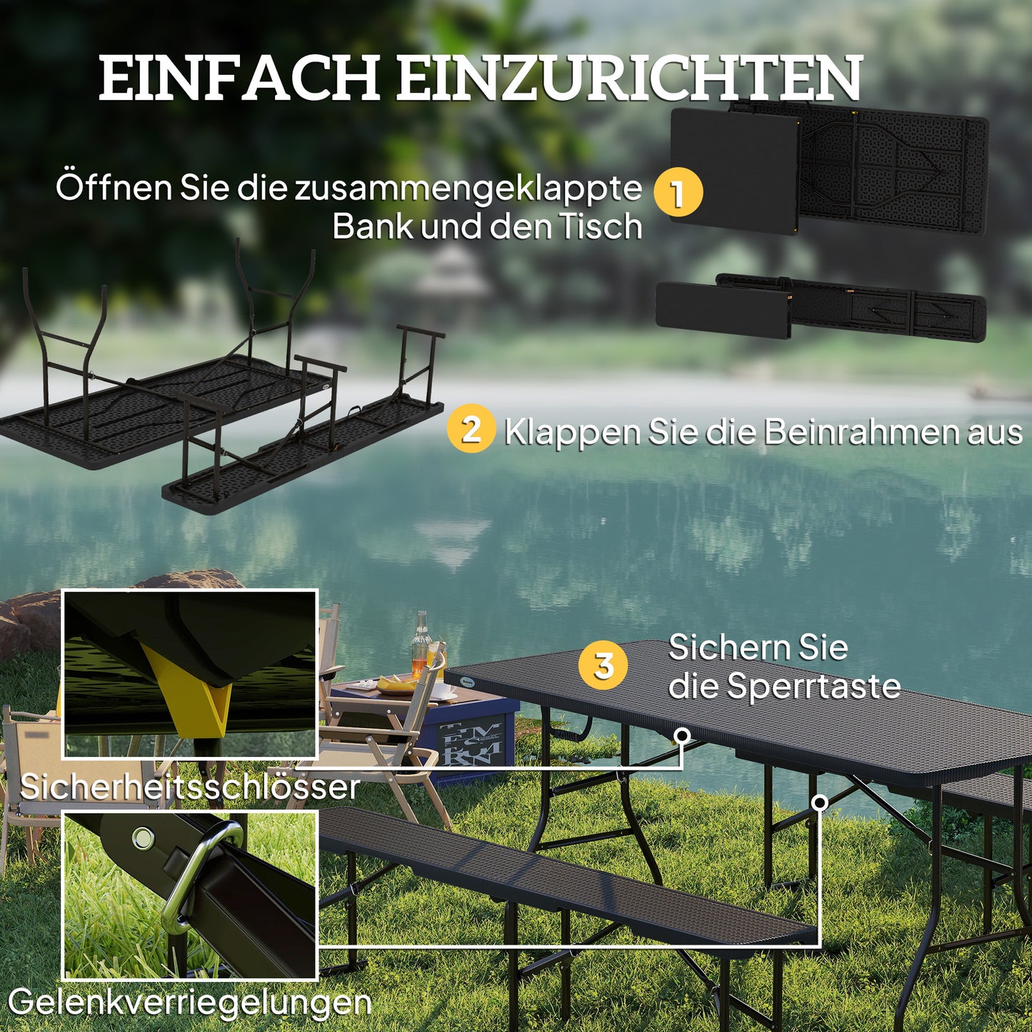 Folding Picnic Table Set, 3-Piece, Black, HDPE & Metal