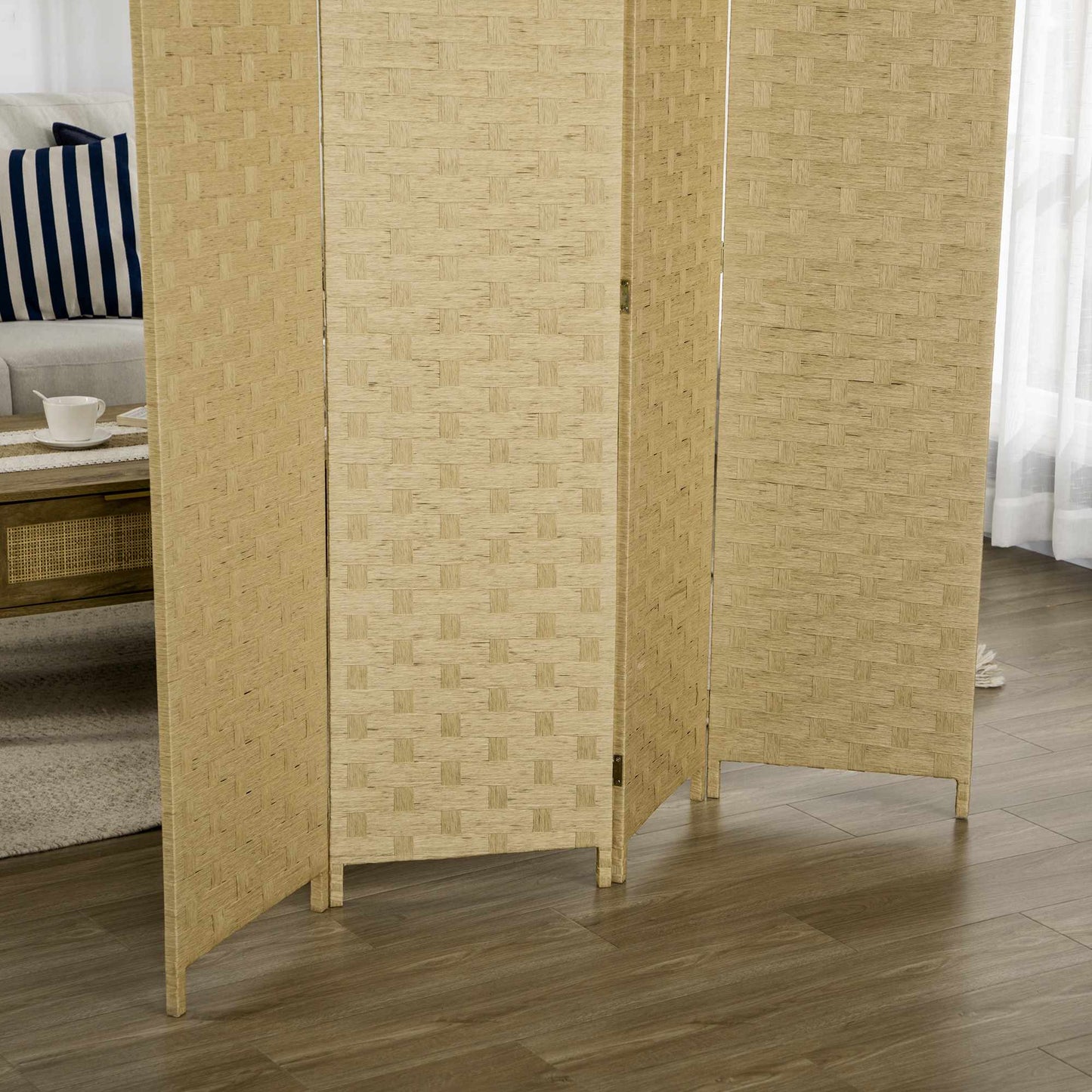 Folding Room Divider, Brown Wood Frame, 4 Panels