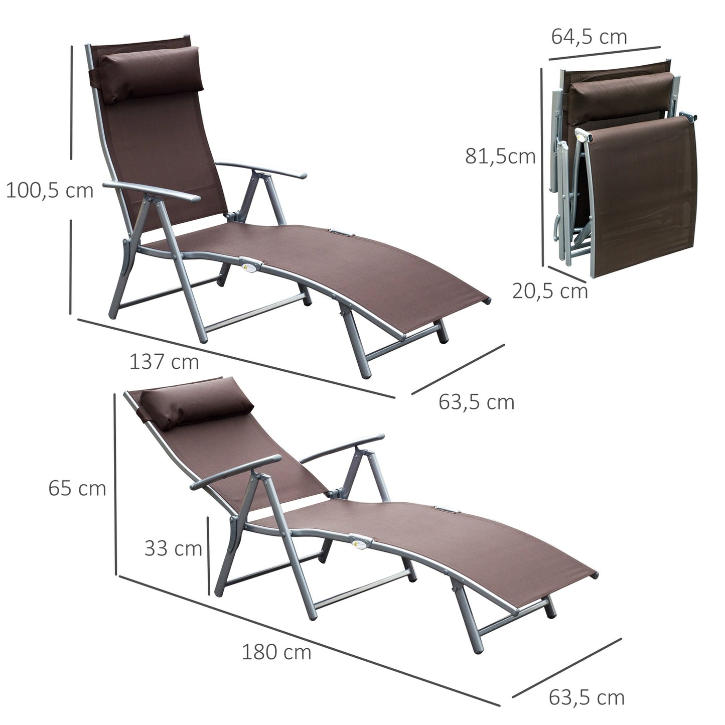 Folding garden sun lounger with comfortable brown cushion