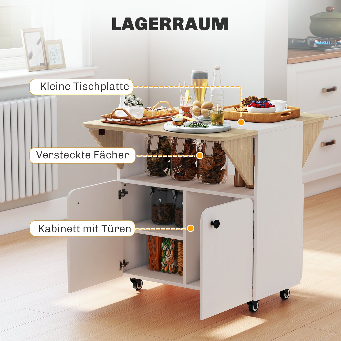 Folding Table with Storage, 2 Drop Leaves, 4 Wheels, White/Natural