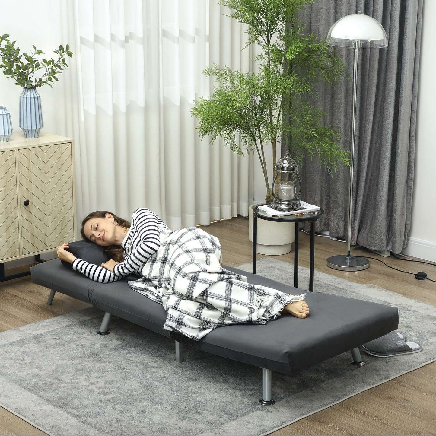 Folding Sleeper Chair, Velvet Look, Adjustable Backrest, Dark Gray