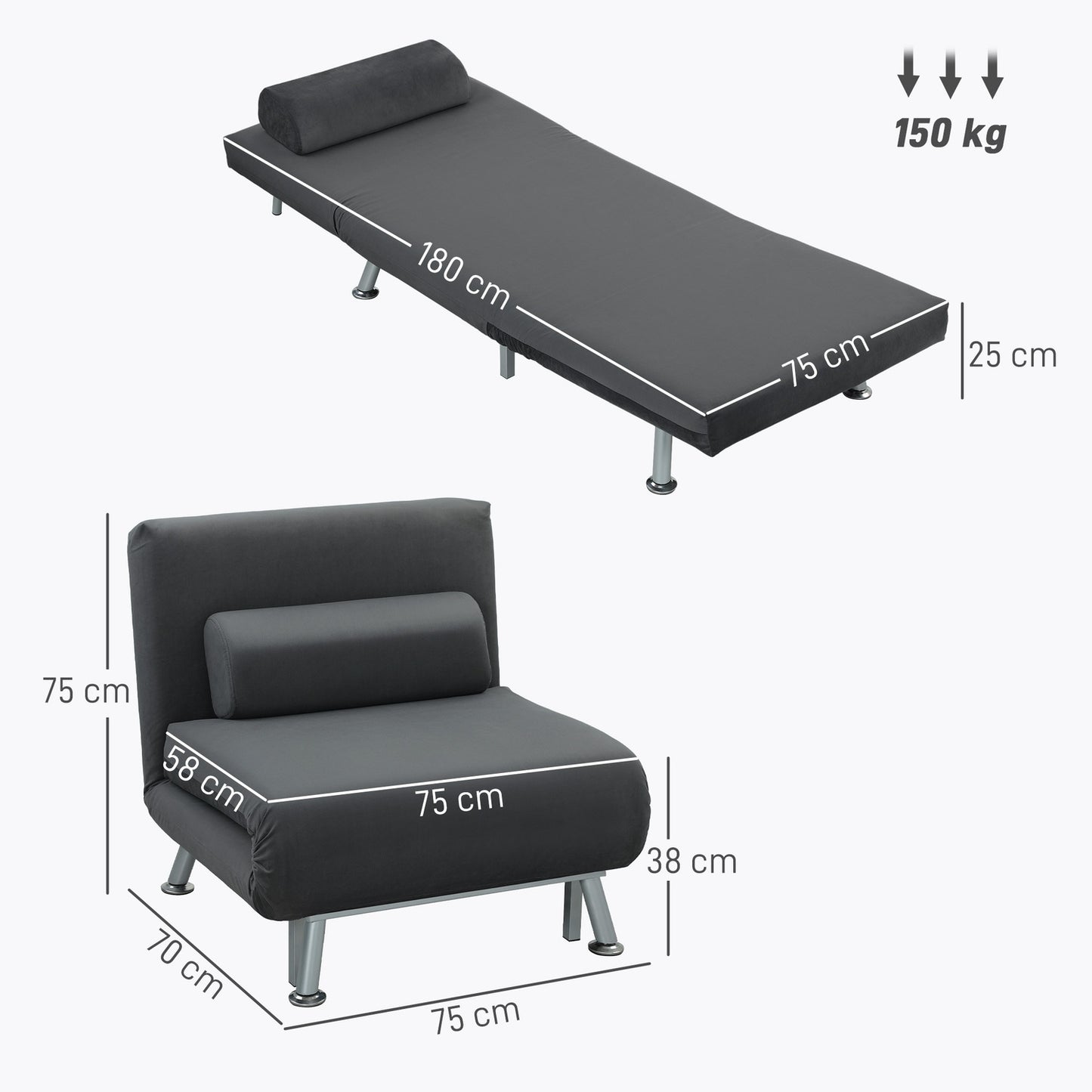 Folding Sleeper Chair, Velvet Look, Adjustable Backrest, Dark Gray