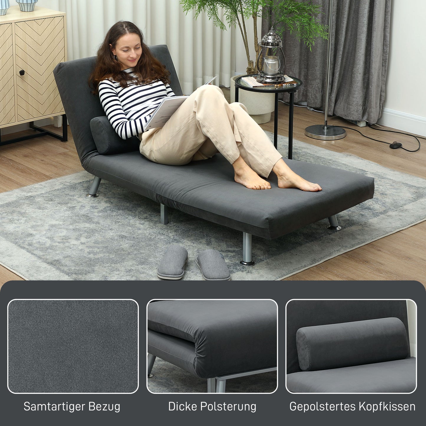 Folding Sleeper Chair, Velvet Look, Adjustable Backrest, Dark Gray
