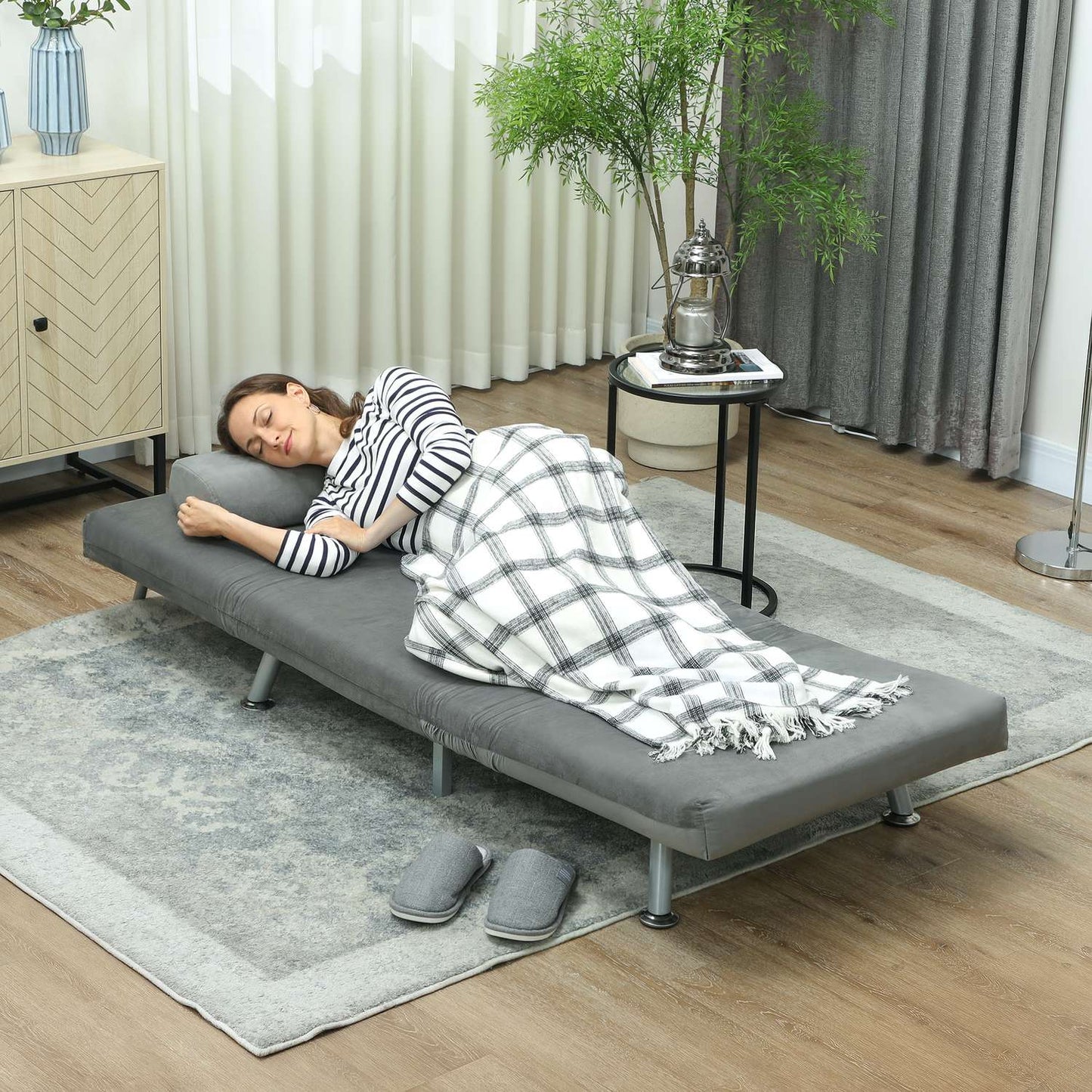 Folding armchair with bed function, foldable recliner chair in velvet look, adjustable backrest, 75 x 70 x 75 cm, grey