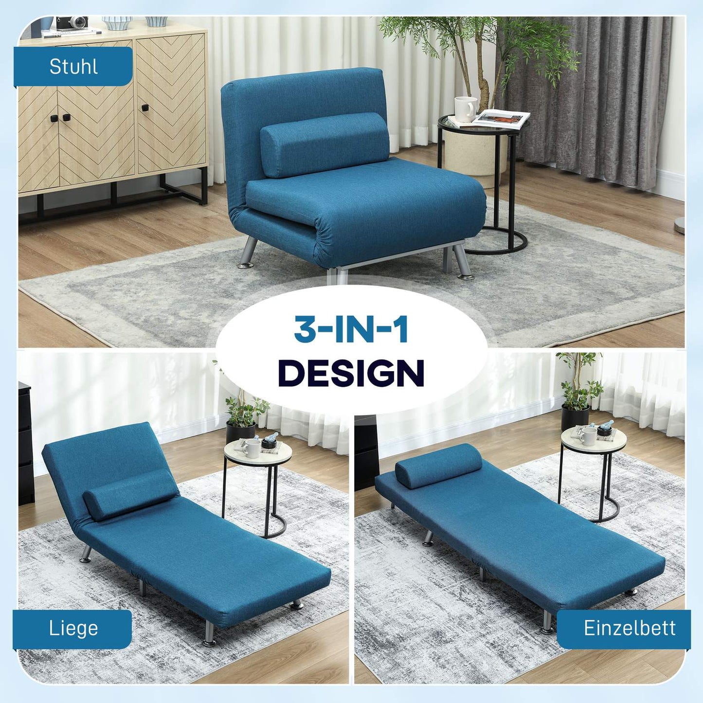 Sleeper Chair Bed, Foldable, Adjustable Backrest, Blue