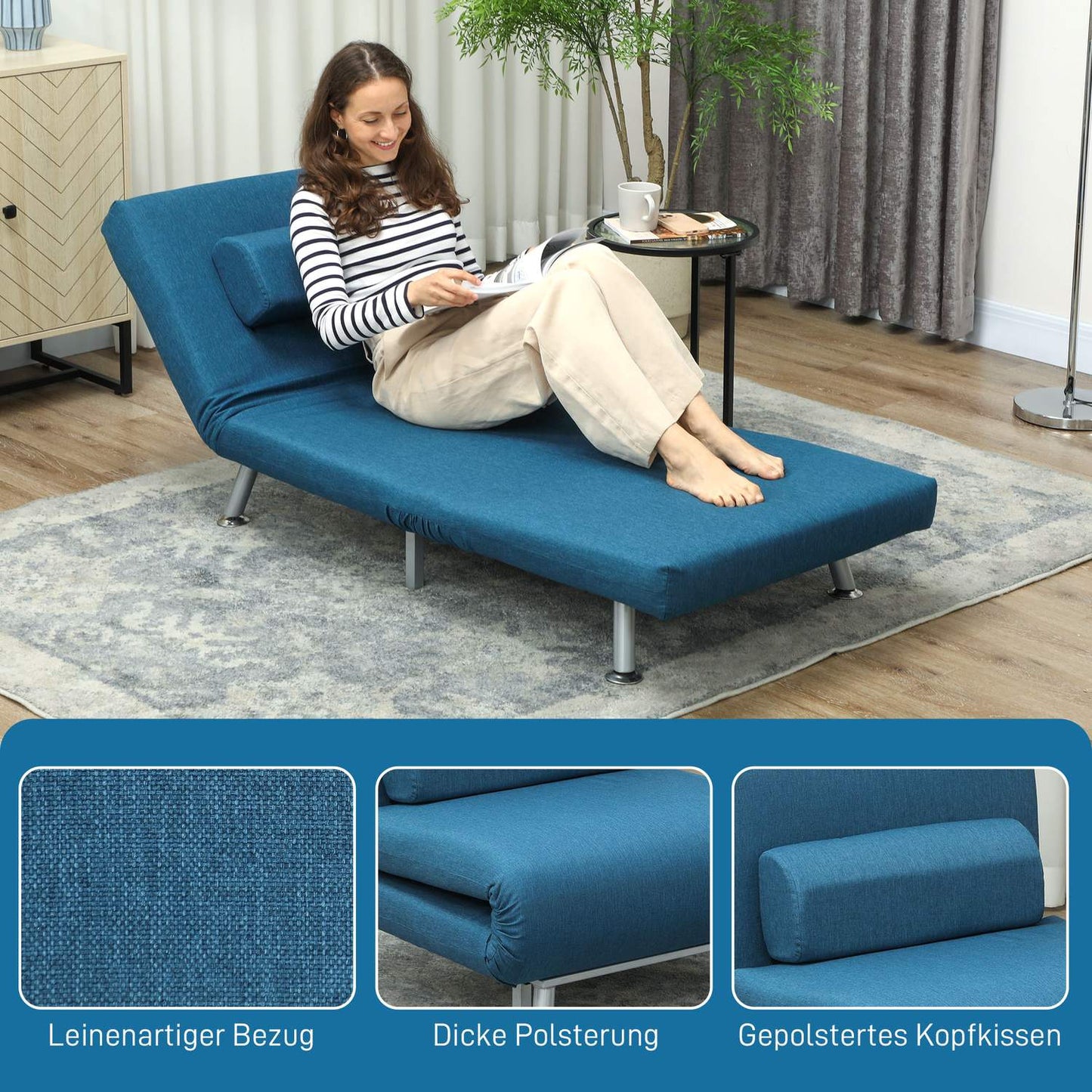 Sleeper Chair Bed, Foldable, Adjustable Backrest, Blue