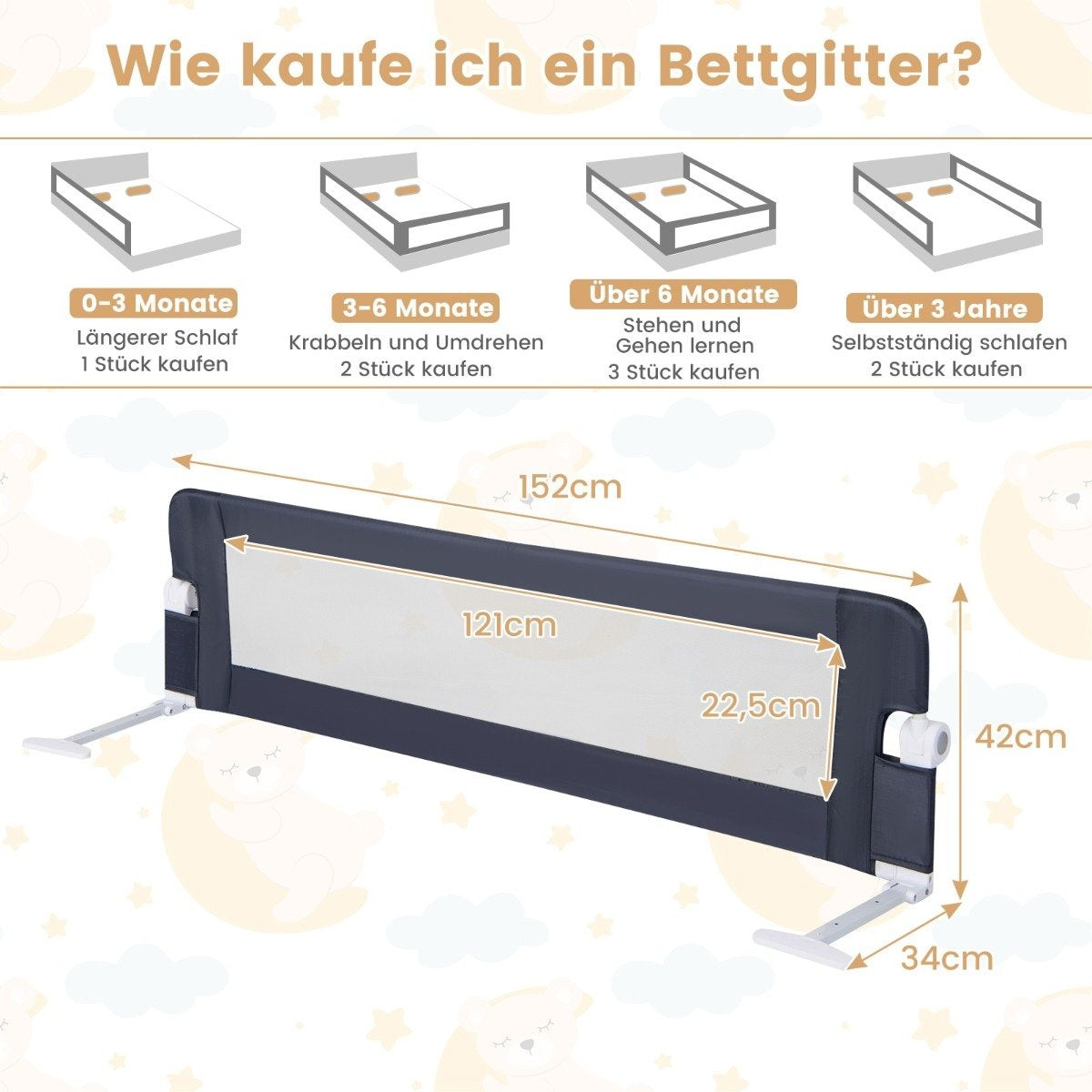 Folding bed rail with adjustable & one-click folding straps bed guard 150 x 42cm gray