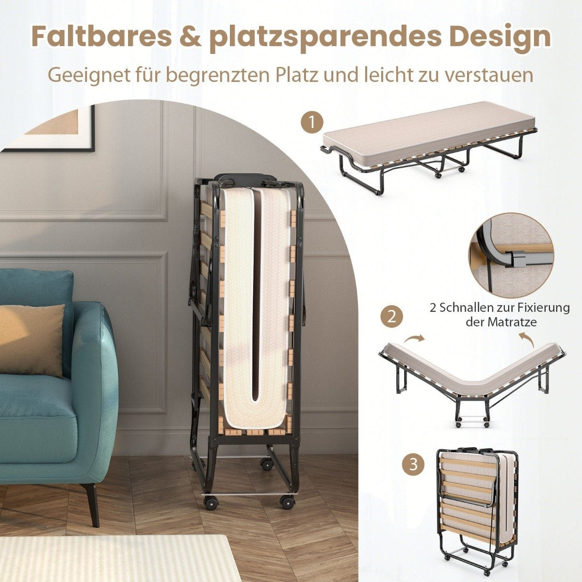 Folding bed rollaway bed with luxurious mattress 200 x 90 x 41 cm beige Made in Italy Origin: Italy