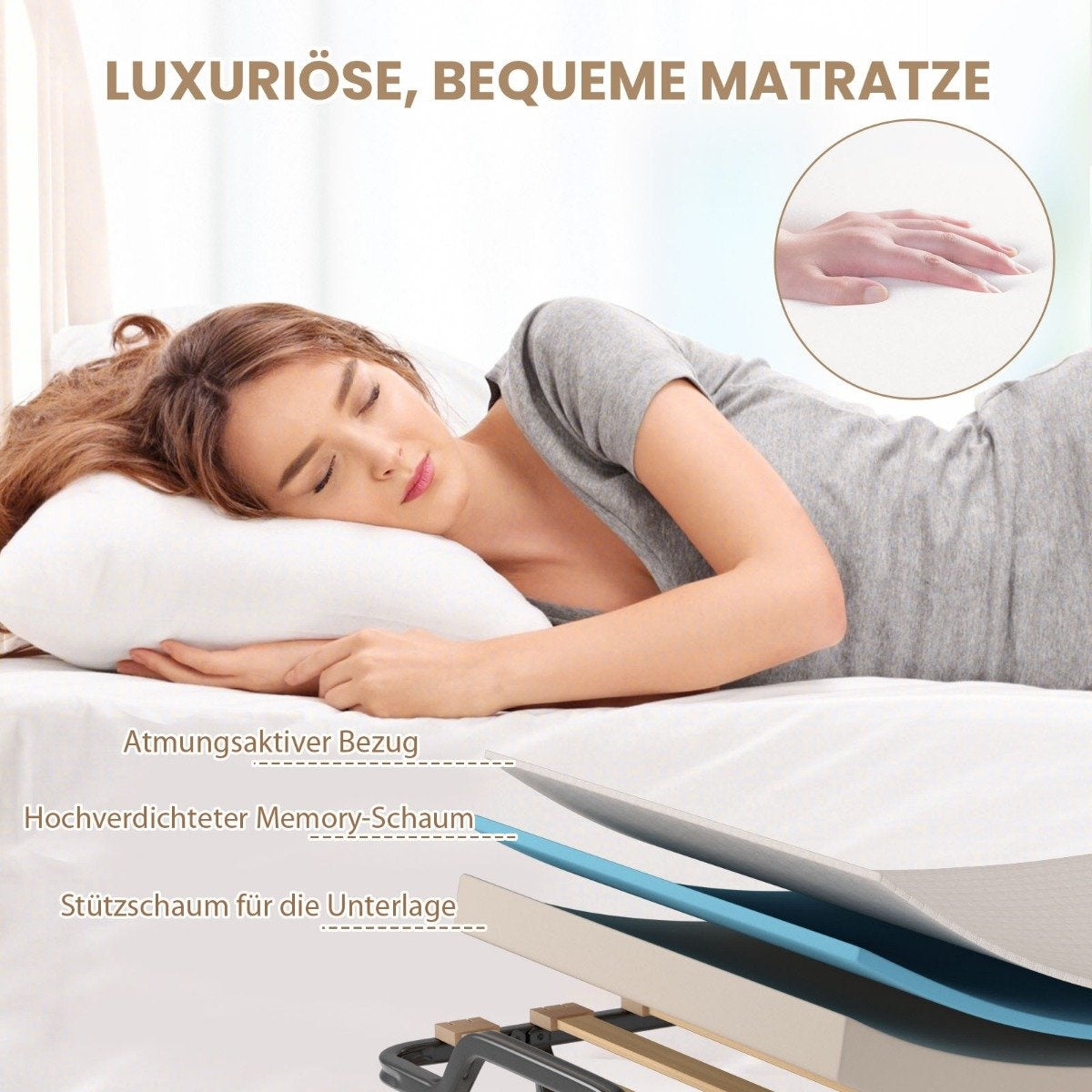 Folding bed rollaway bed with luxurious mattress 200 x 90 x 41 cm beige Made in Italy Origin: Italy