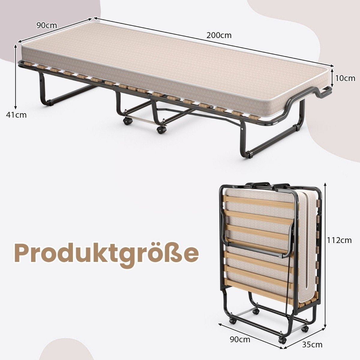 Folding bed rollaway bed with luxurious mattress 200 x 90 x 41 cm beige Made in Italy Origin: Italy
