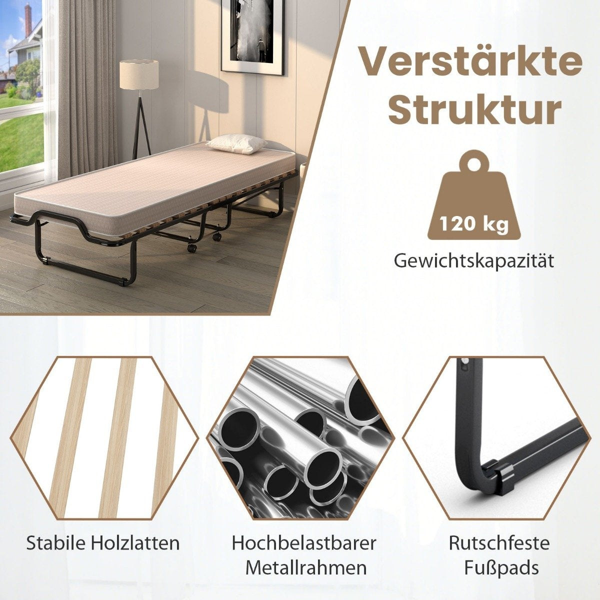 Folding bed rollaway bed with luxurious mattress 200 x 90 x 41 cm beige Made in Italy Origin: Italy