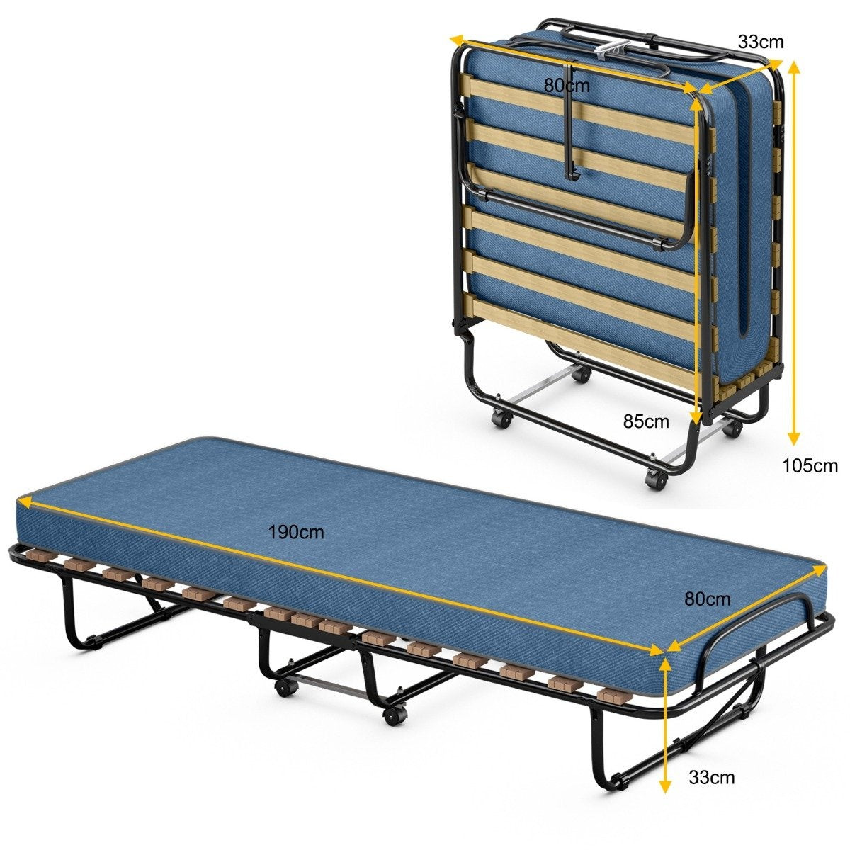 Folding bed with mattress Portable and rollable guest bed 190 x 80 x 33 cm Blue made in Italy Origin: Italy