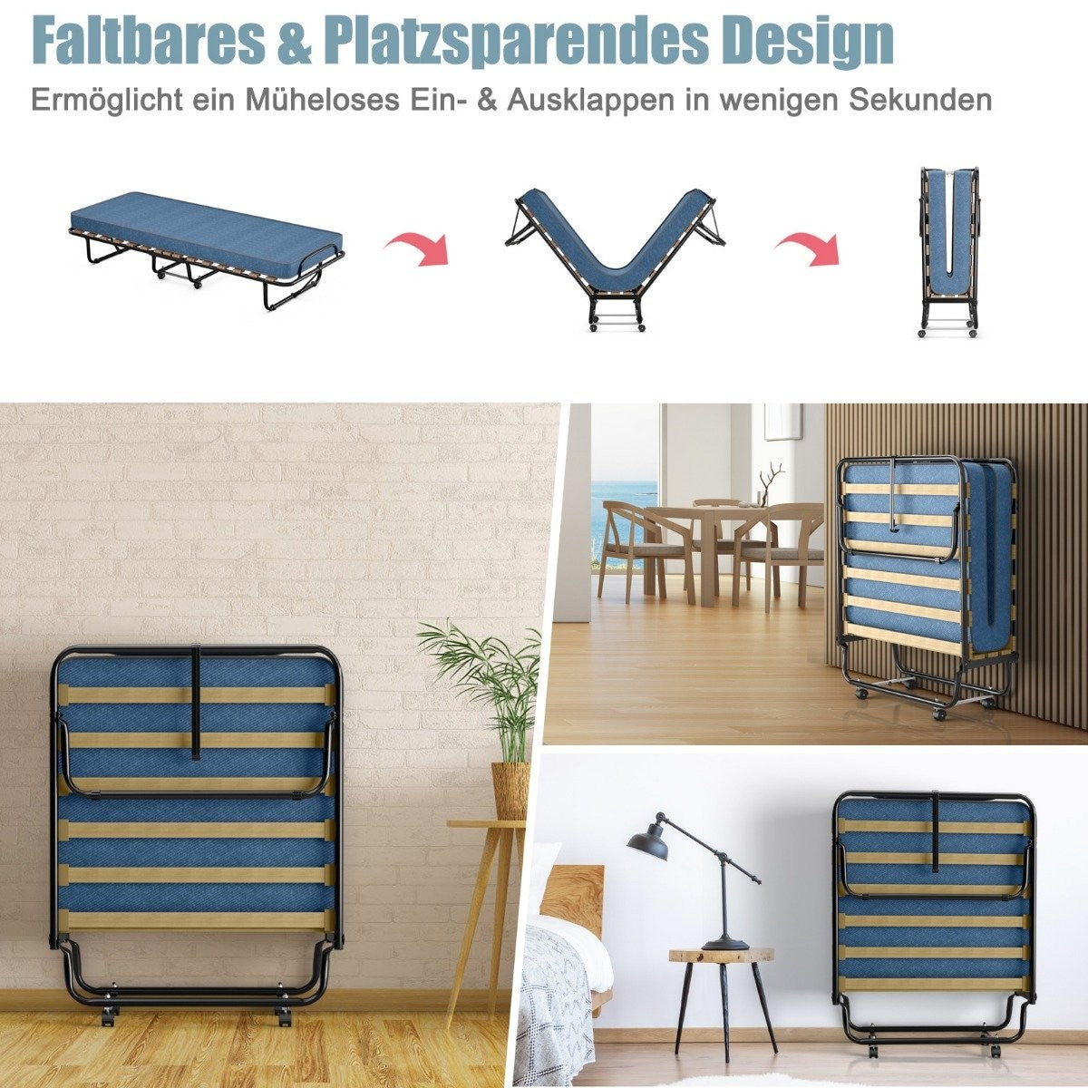 Folding bed with mattress Portable and rollable guest bed 190 x 80 x 33 cm Blue made in Italy Origin: Italy
