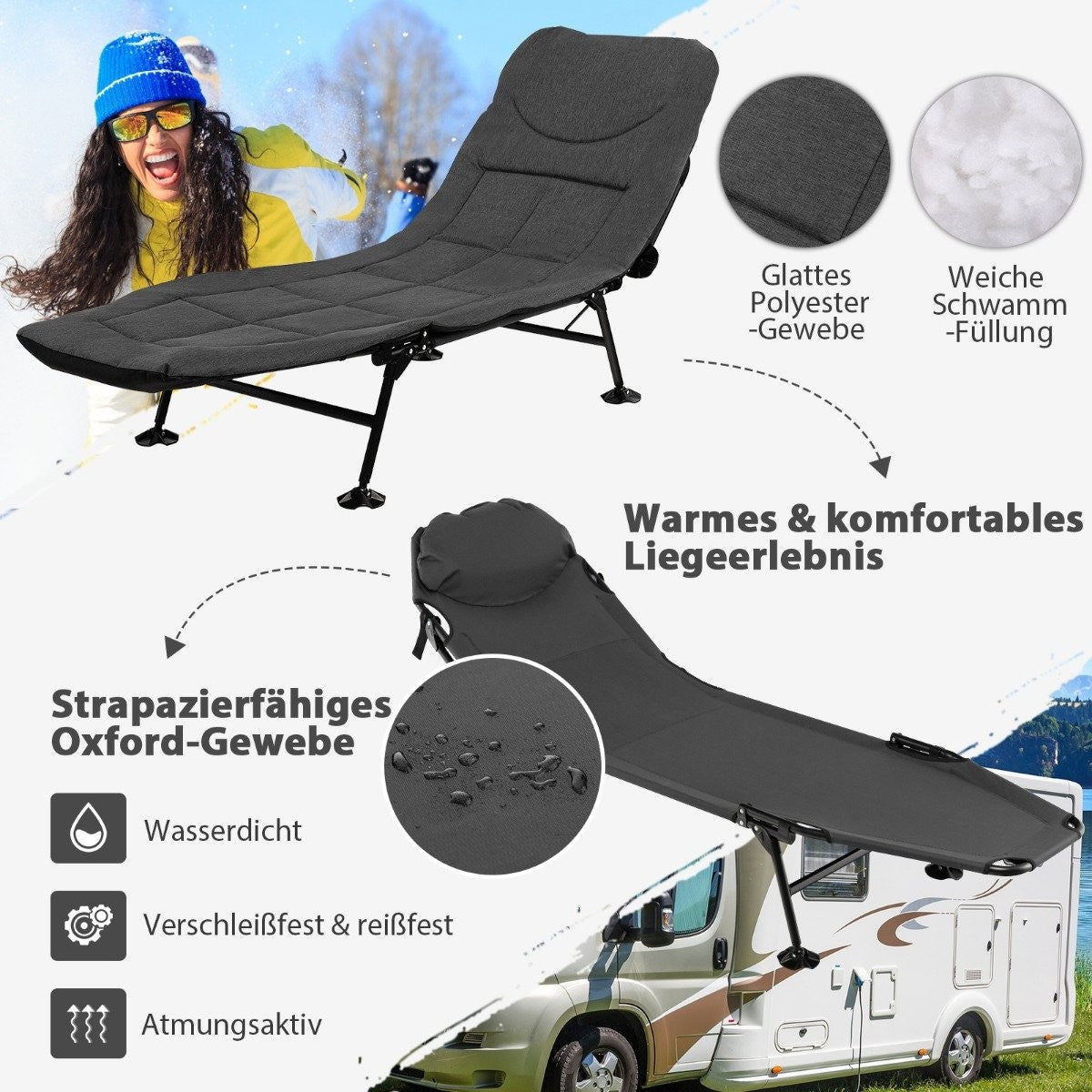 Folding camping bed with removable mattress 194 x 66 x 29 cm grey
