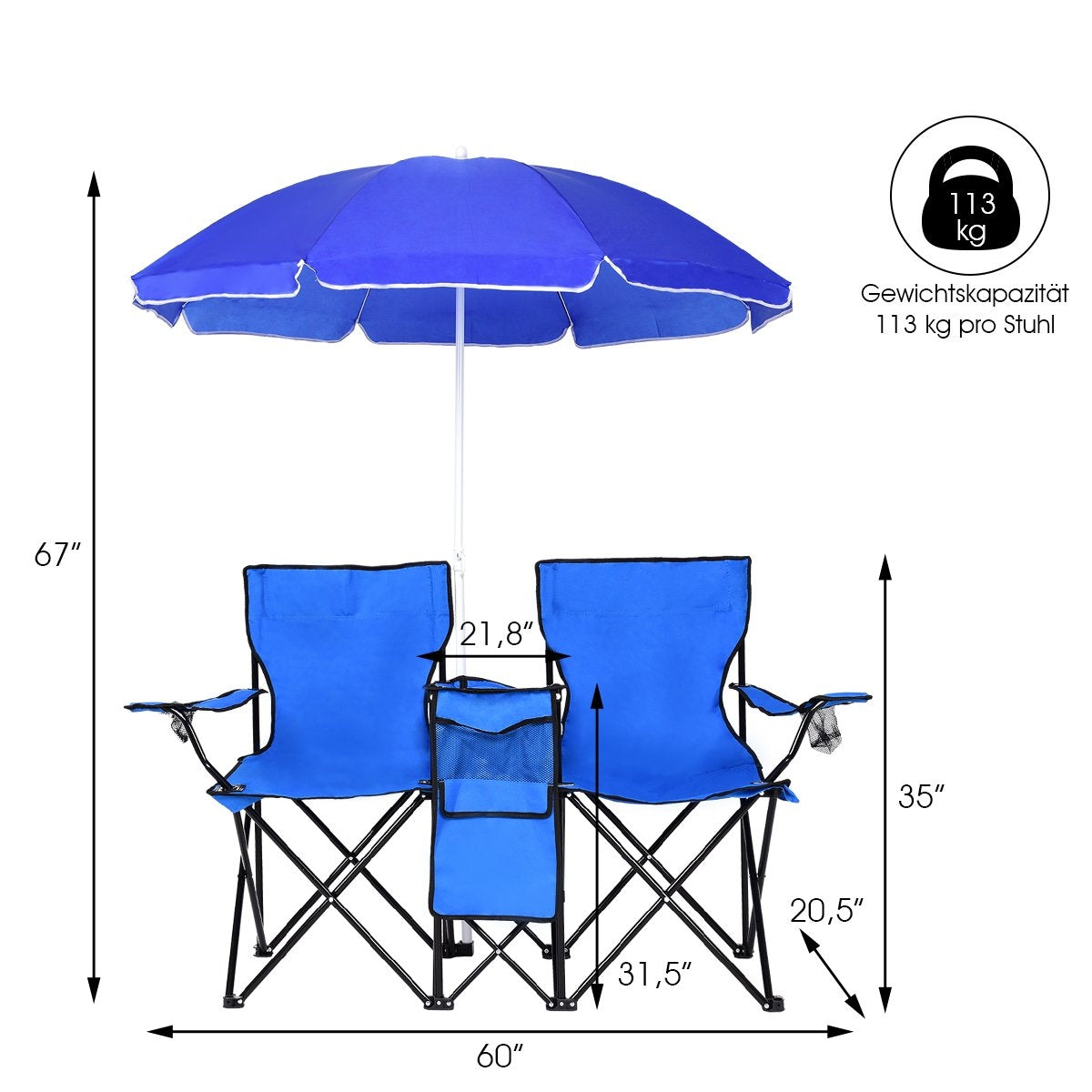 Folding camping chair with parasol for 2 people, folding chair for couples, double fishing chair, foldable with cup holder, cool bag, blue