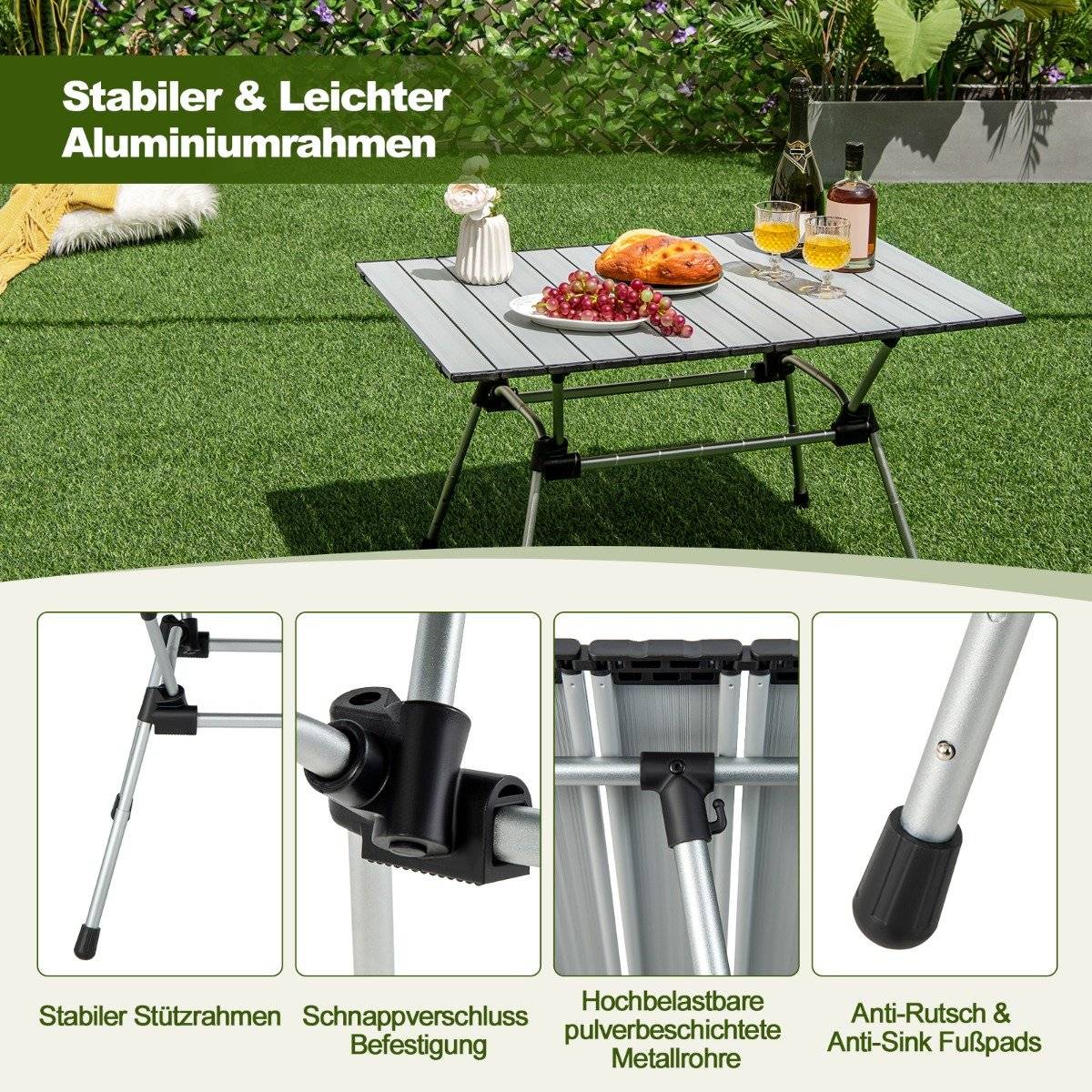 Folding camping table with carrying bag, 4 levels height adjustable 90 x 60.5 x 52 cm silver