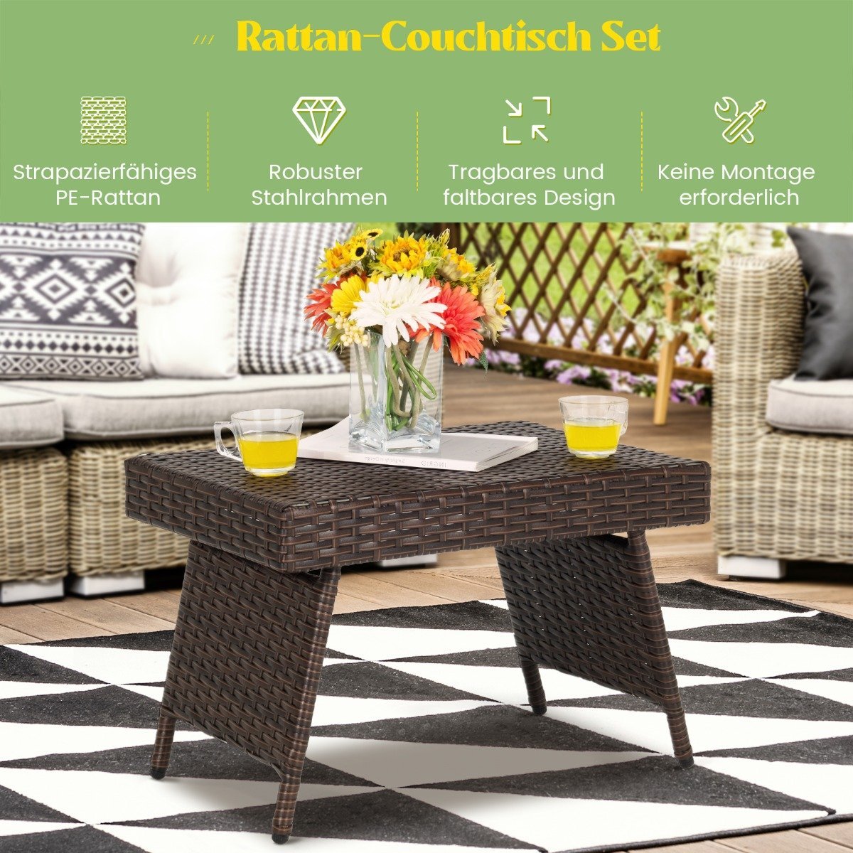Folding coffee table outdoor side table with PVC top 60 x 40 x 40 cm brown
