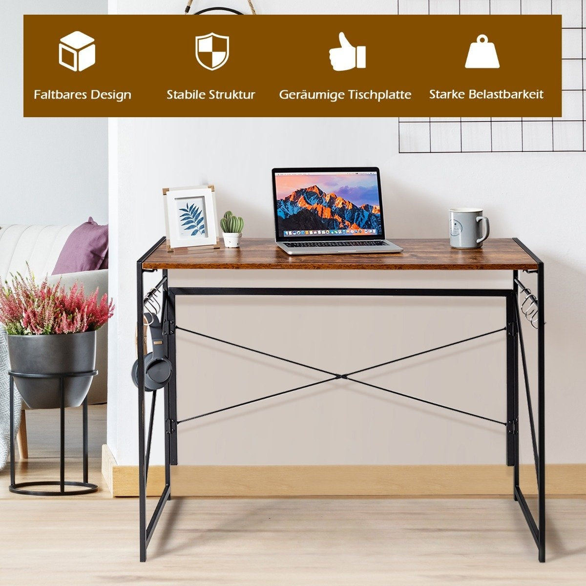 Folding computer table, work table with metal frame, laptop table, load capacity up to 115 kg, 100 x 50 x 75 cm, rustic brown
