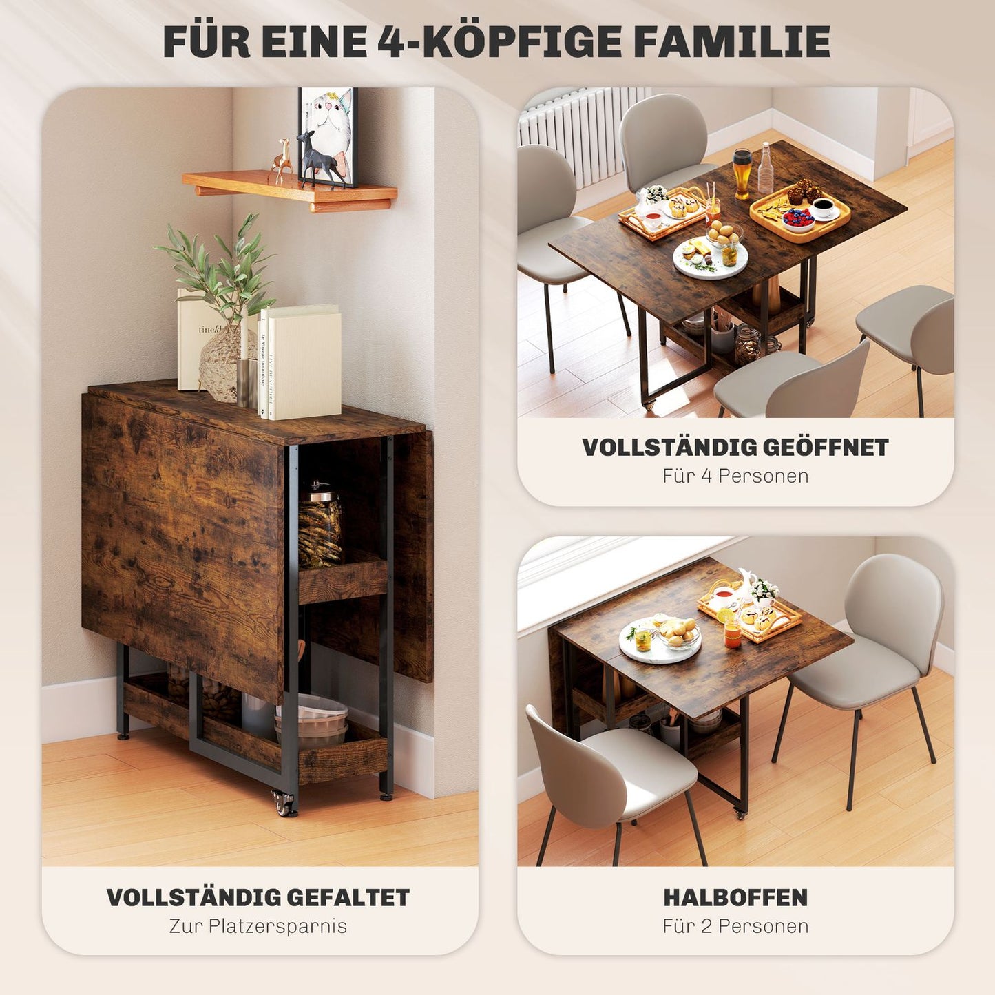 Folding Dining Table, Industrial Design, Seats 4, Brown