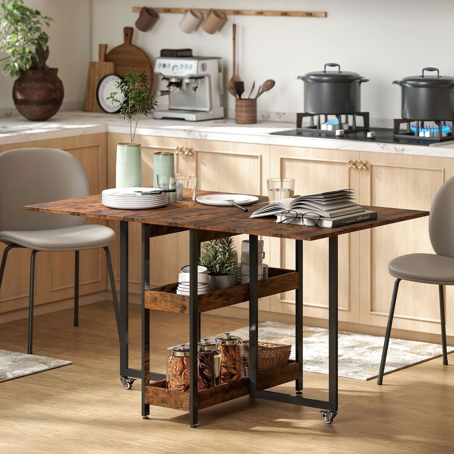 Folding Dining Table, Industrial Design, Seats 4, Brown