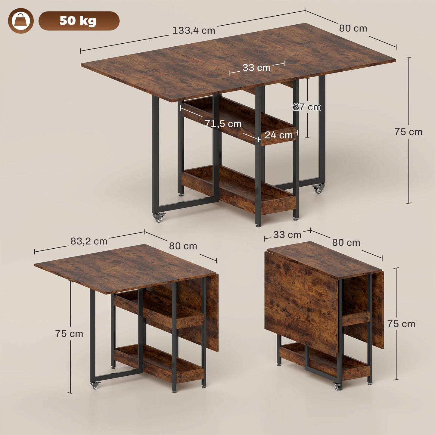 Folding Dining Table, Industrial Design, Seats 4, Brown