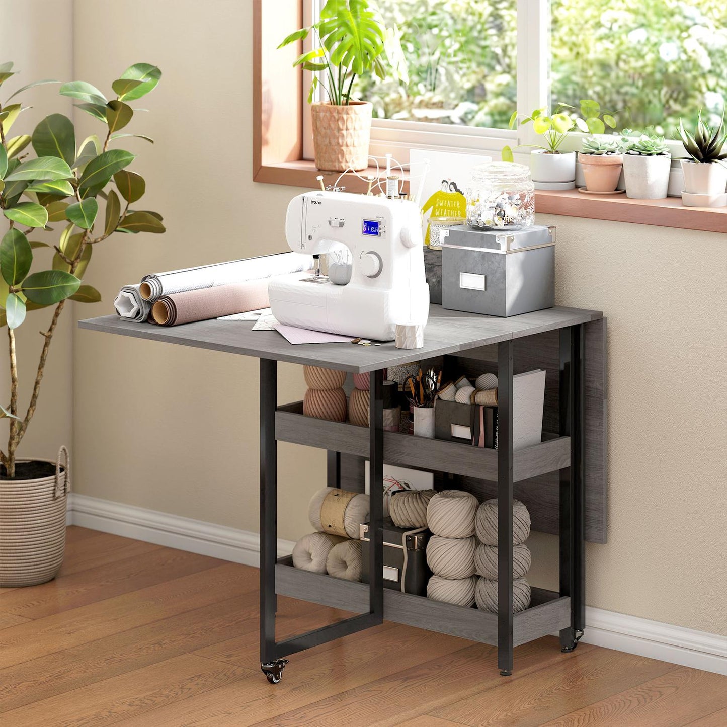 Folding Dining Table with Shelves, Seats 4, Grey