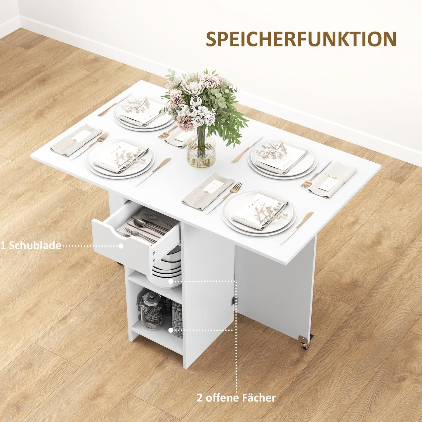 Folding dining table with shelves and drawer, White