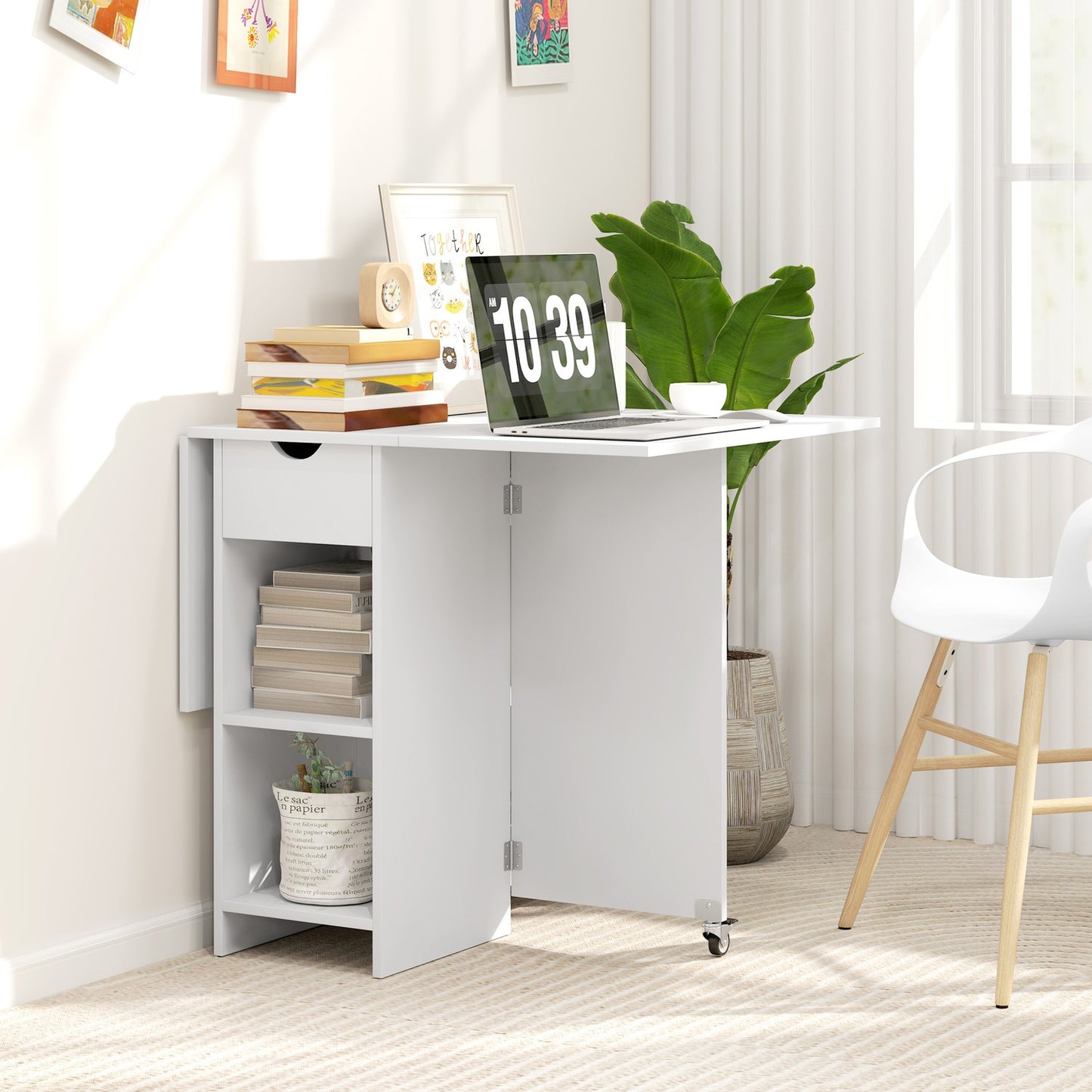 Folding dining table with shelves and drawer, White