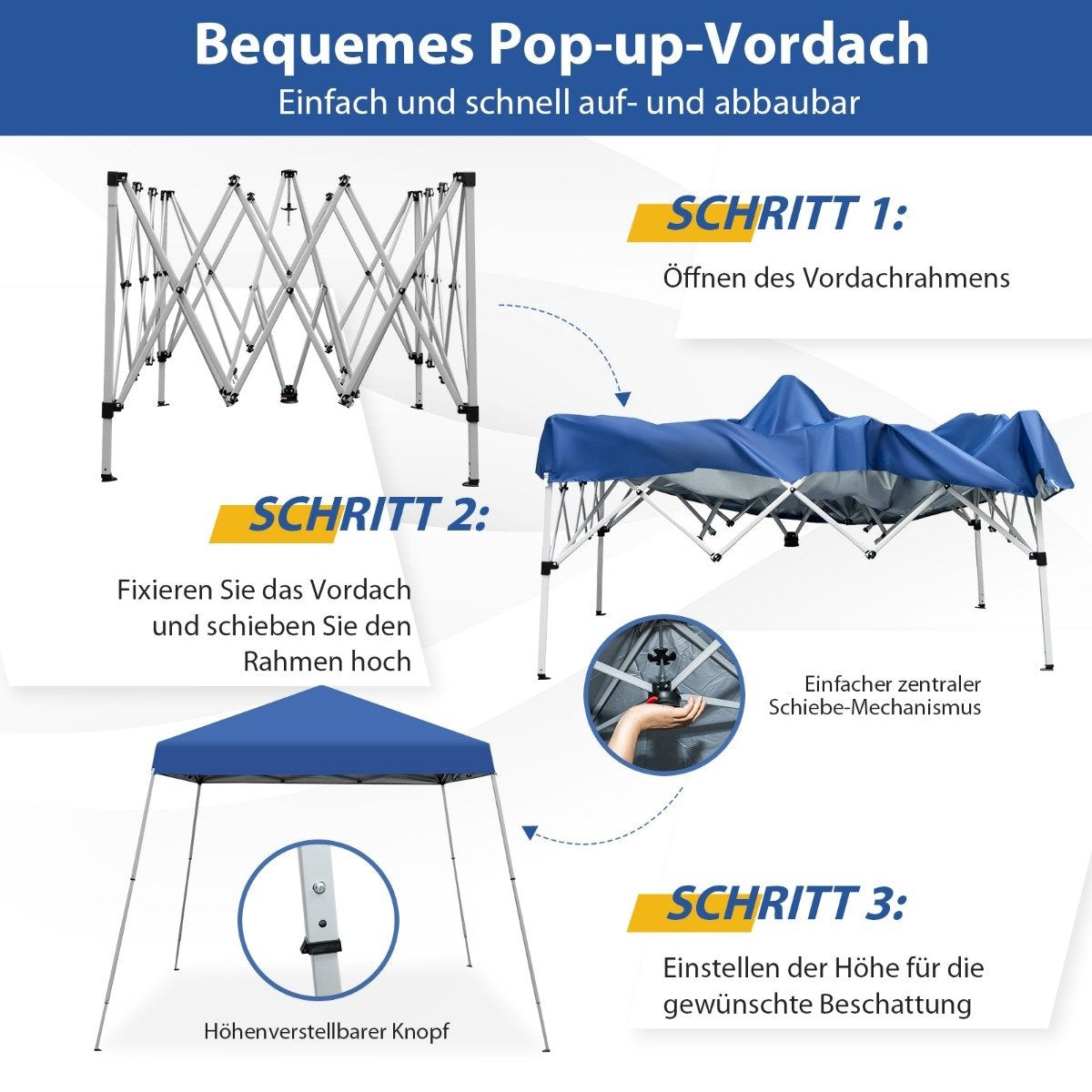 Folding gazebo 3 m x 3 m large folding canopy blue with carrying bag with 3-stage height adjustment