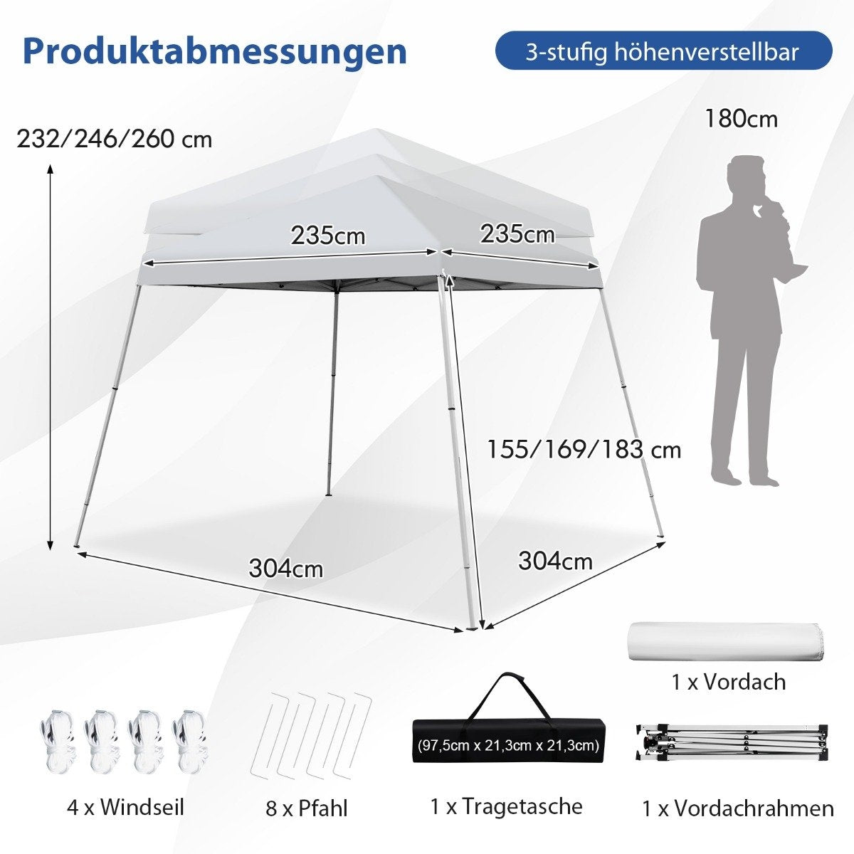 Folding gazebo 3 m x 3 m large folding canopy white with carrying bag with 3-stage height adjustment