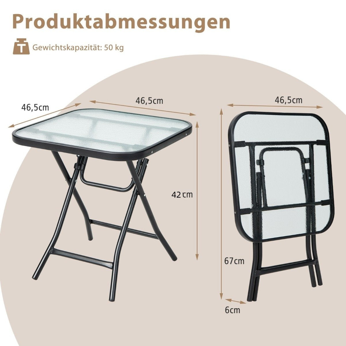 Folding patio side table square glass table with stainless frame black