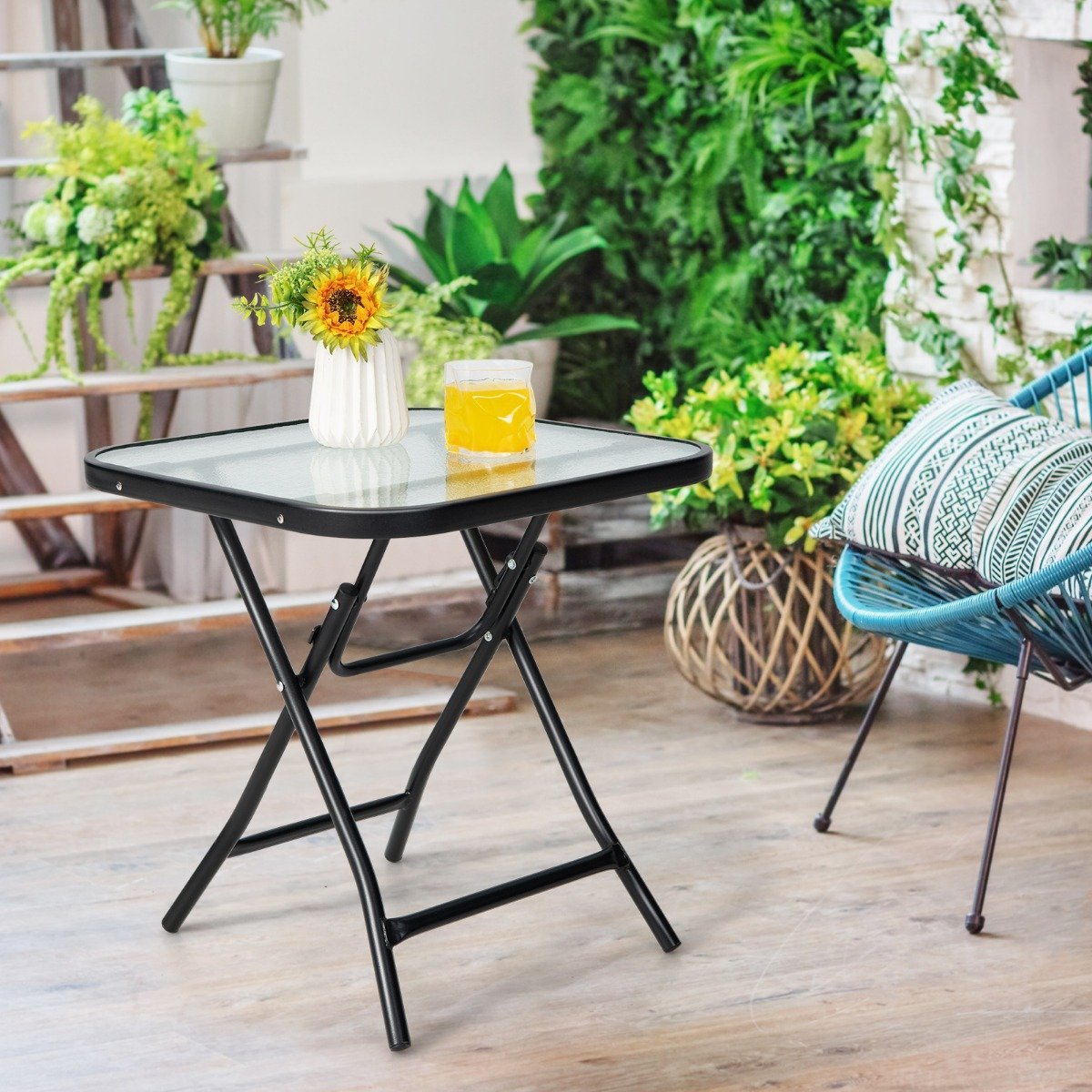 Folding patio side table square glass table with stainless frame black