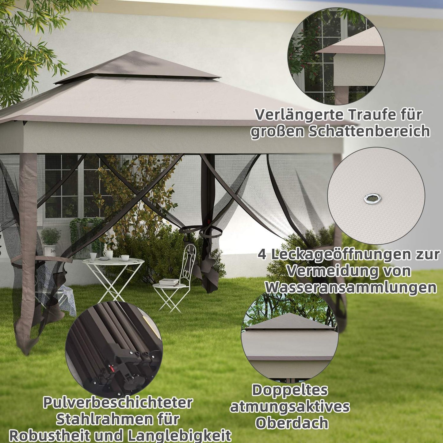 Pop-up garden party tent with side walls, light gray 3.25m
